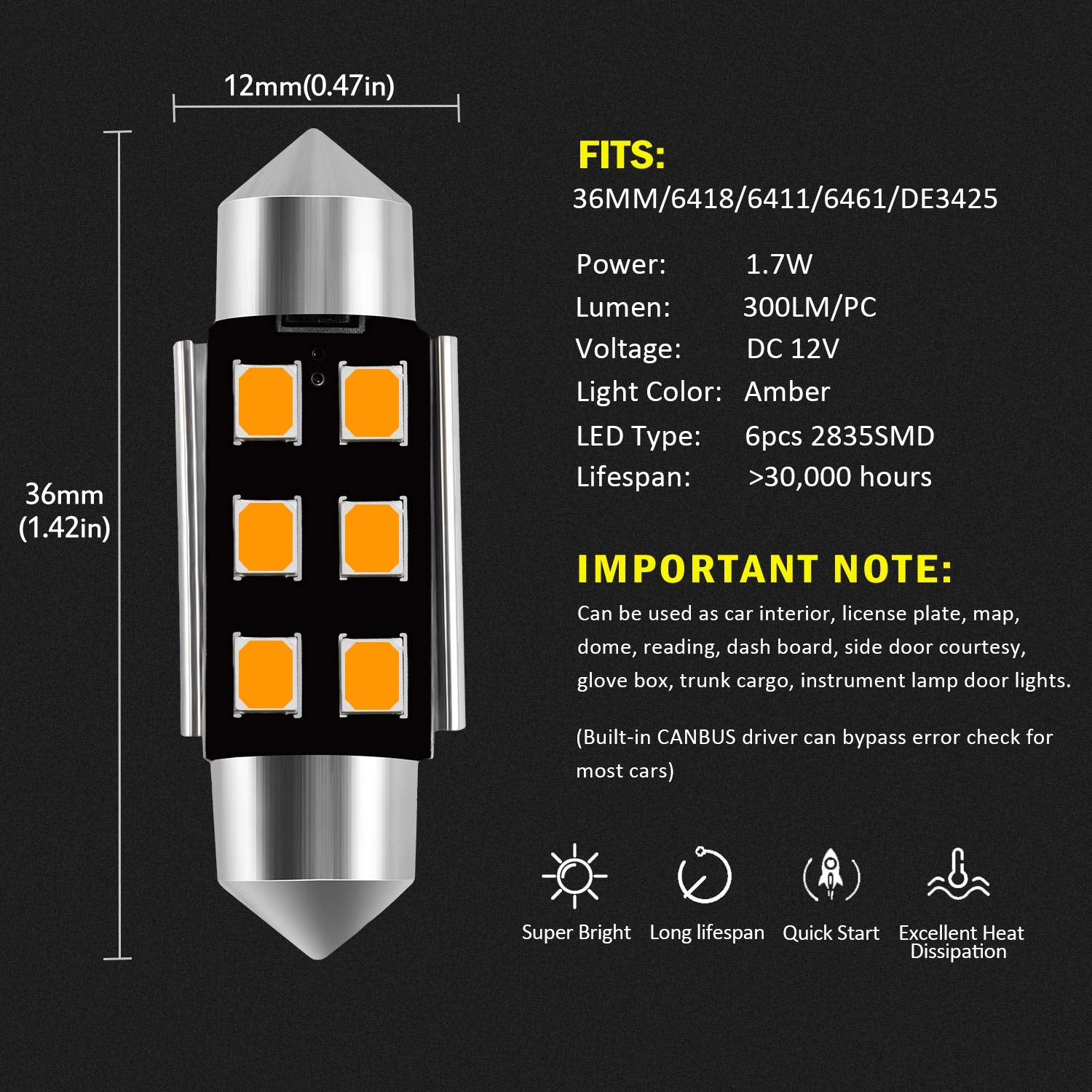 Auxlight 6418 6411 De3425 C5W De3423 36Mm 1.42Afestoon Canbus Error Free Led Interior Light Bulbs Amber Yellow, Super Bright 6Sm