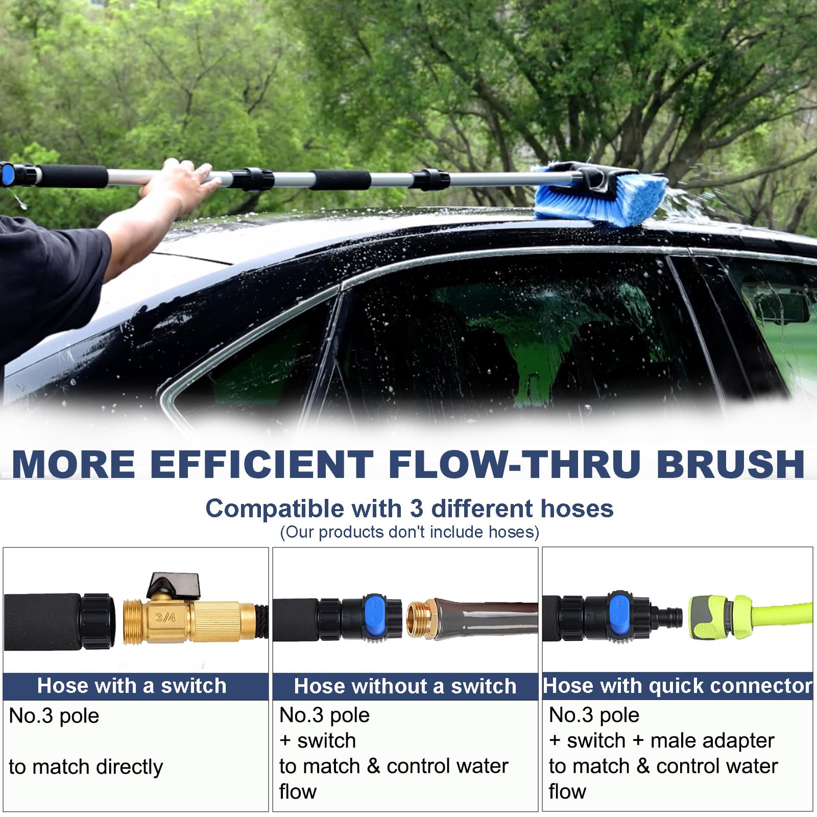 Navapal 54'' Flow-Thru Car Wash Brush With Long Handle, Soft Bristle Car Washing Brush With Extendable Handle And Hose Attachmen