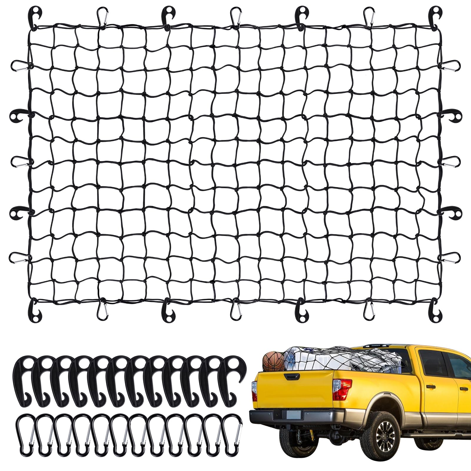 Heavy Duty Cargo Net for Pickup Truck Bed - 4 ' x 6 ' Stretches to 10 ' x 15 ' - Small 4 ''x4 '' Latex Bungee Net Mesh with 24 C