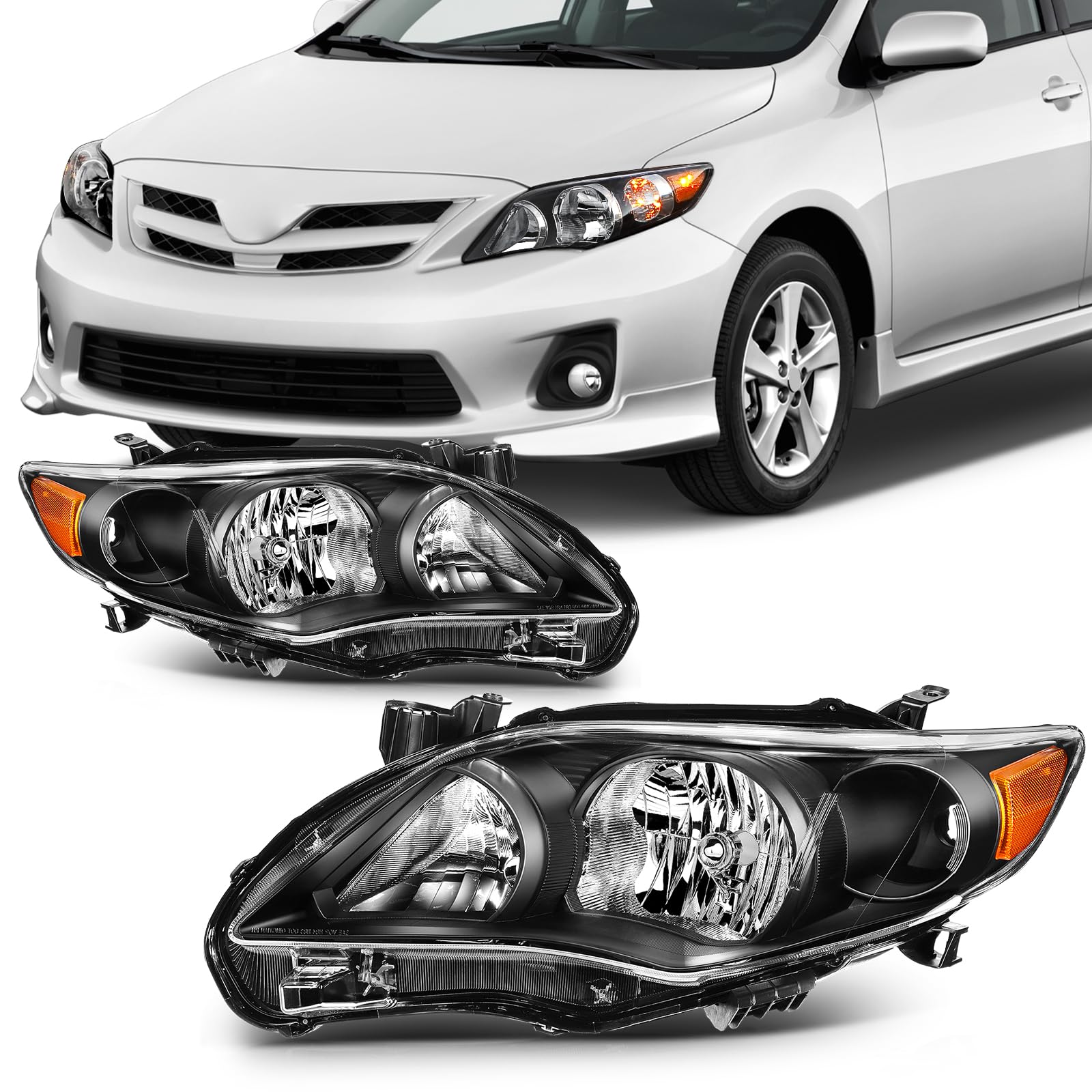 SCITOO Headlight Assembly Fits For Toyota Corolla 2011-2013 headlamp in Black Housing Amber Reflector Clear Lens