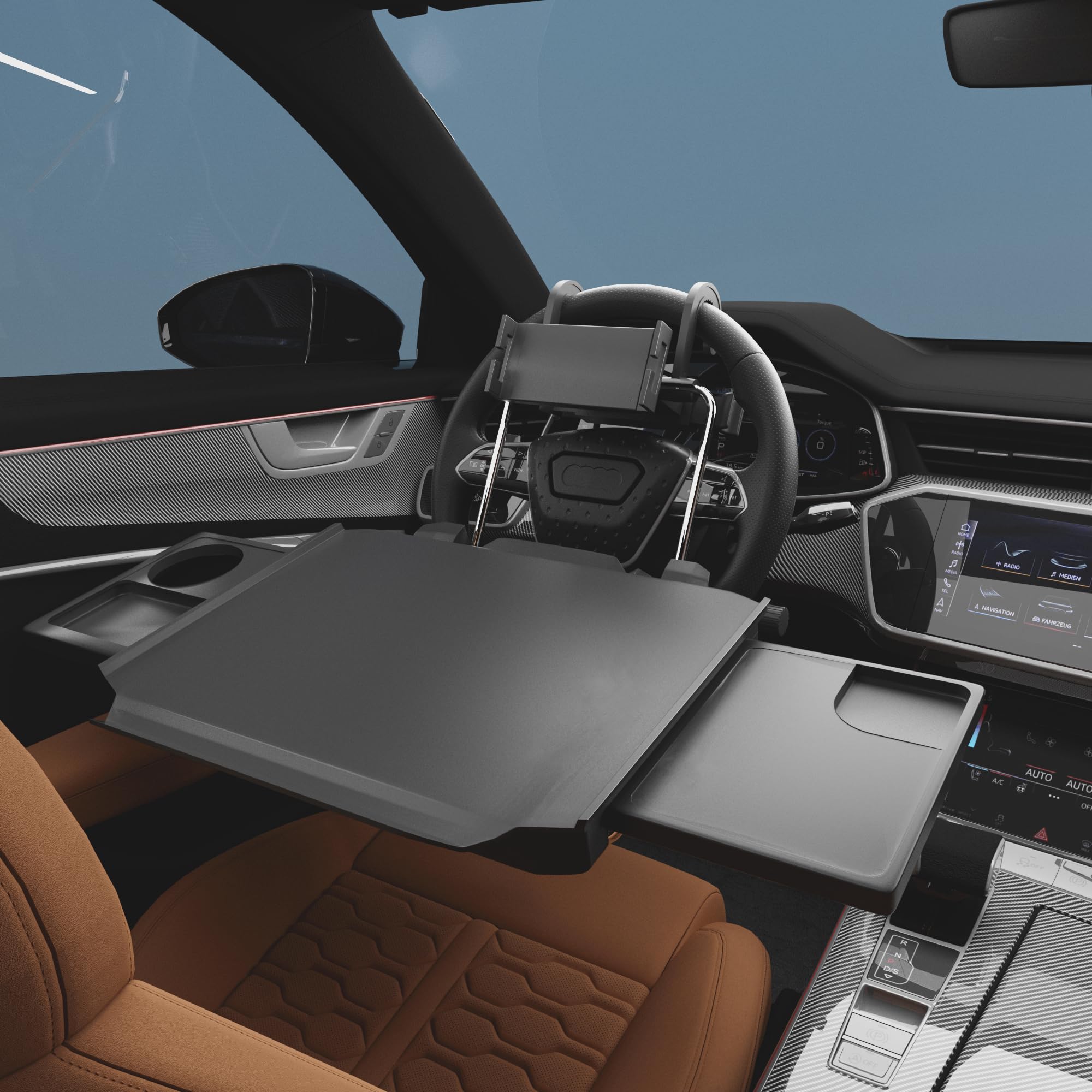 Hzgamer 2 In 1 Large Car Steering Wheel Tray/Back Seat Headrest Table With Phone Holder For Eating Food Drink And Writing Work,