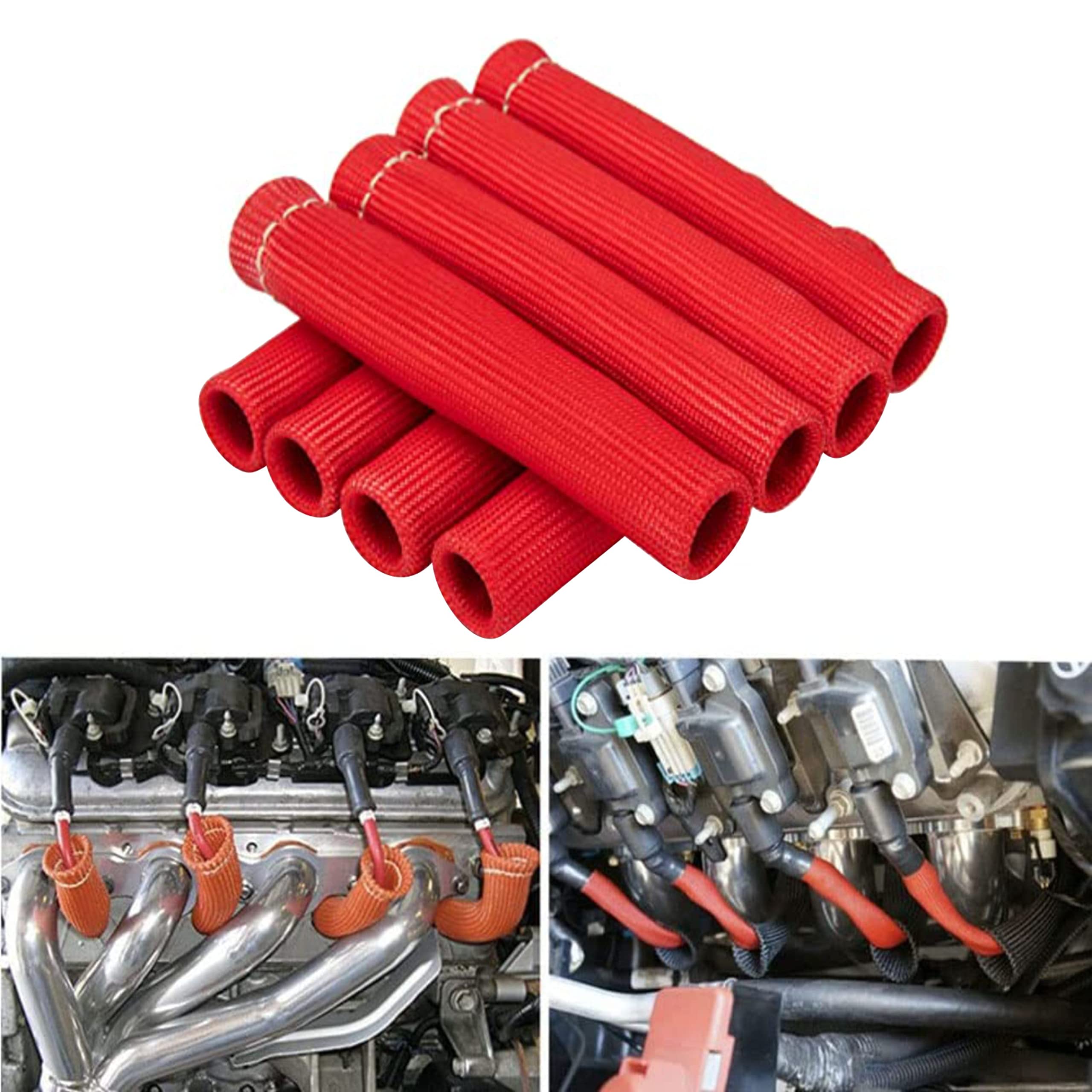 Spark Plug Wire Heat Shield & Sleeve - 2500 High Temp Heat Tape Protection - 8 Pack (Red)