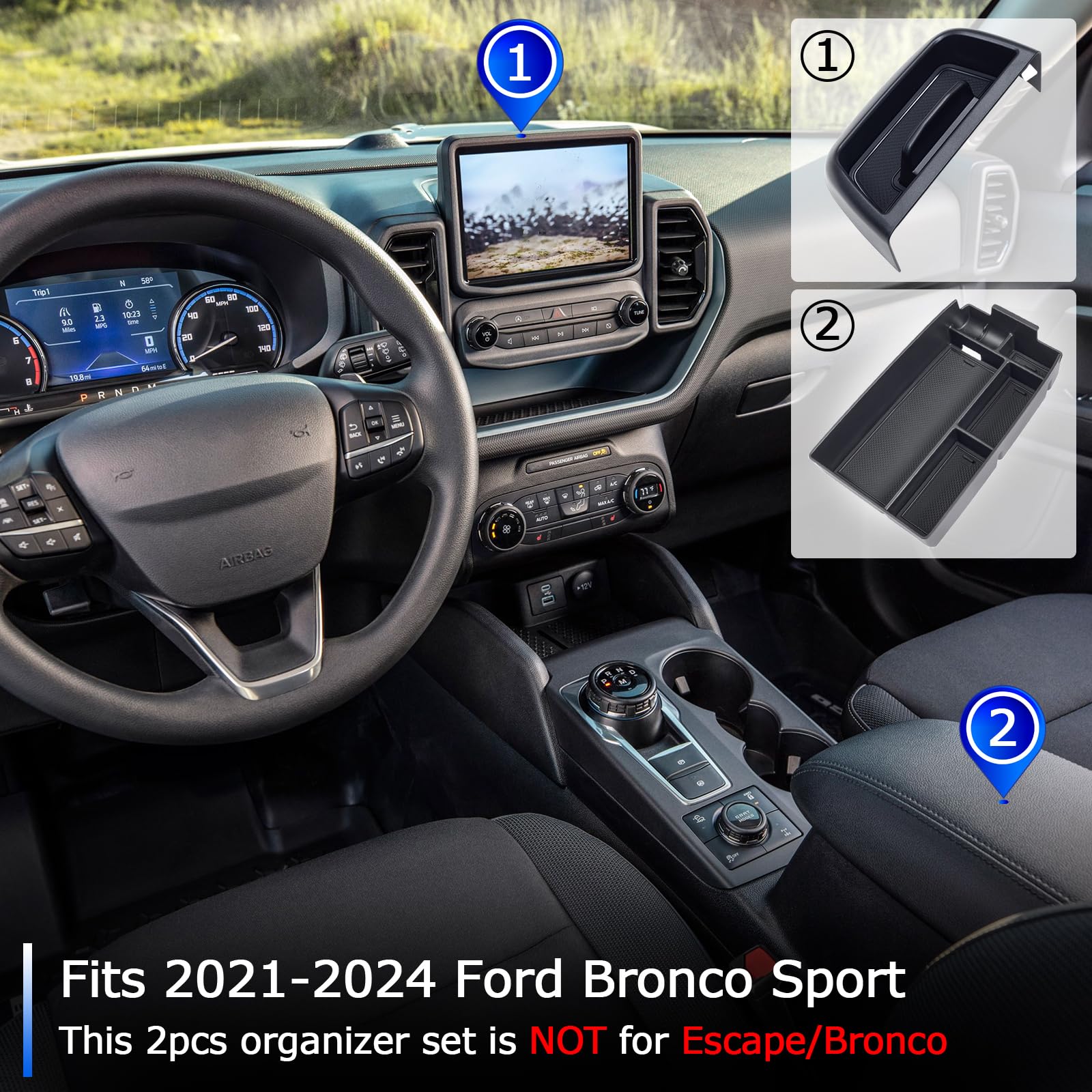TOPINSTALL New Tray 2PCS Set Compatible with 2021-2024 Ford Bronco Sport Accessories, Armrest Storage Console Organizer Dash Tra