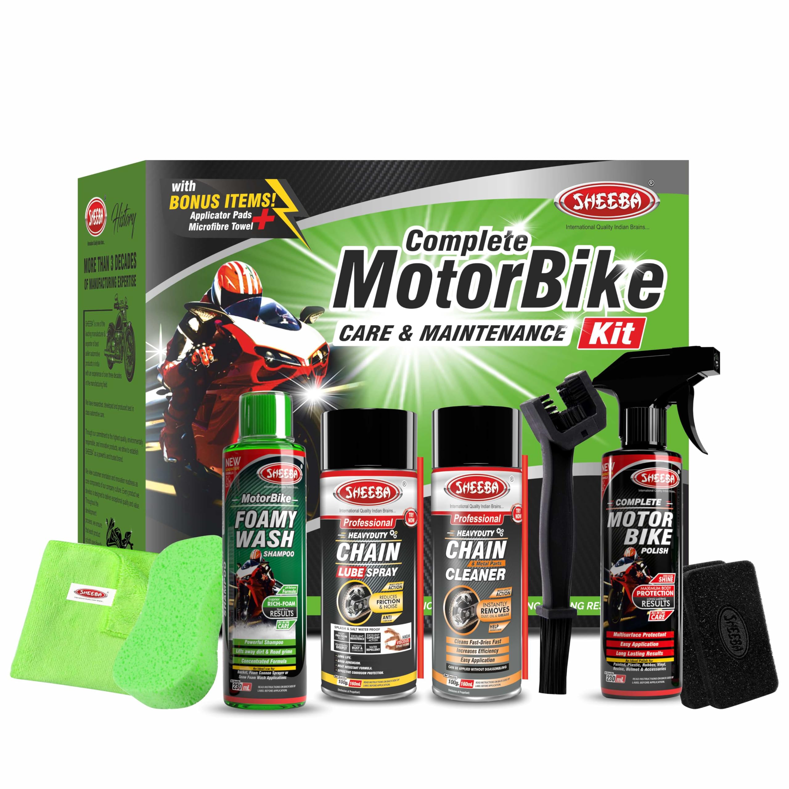 Sheeba Bike Kit Complete Care I 9-In-1 Pack I All In One - Cleaning, Polishing & Maintenance Kit With Polish, Foamywash Shampoo,