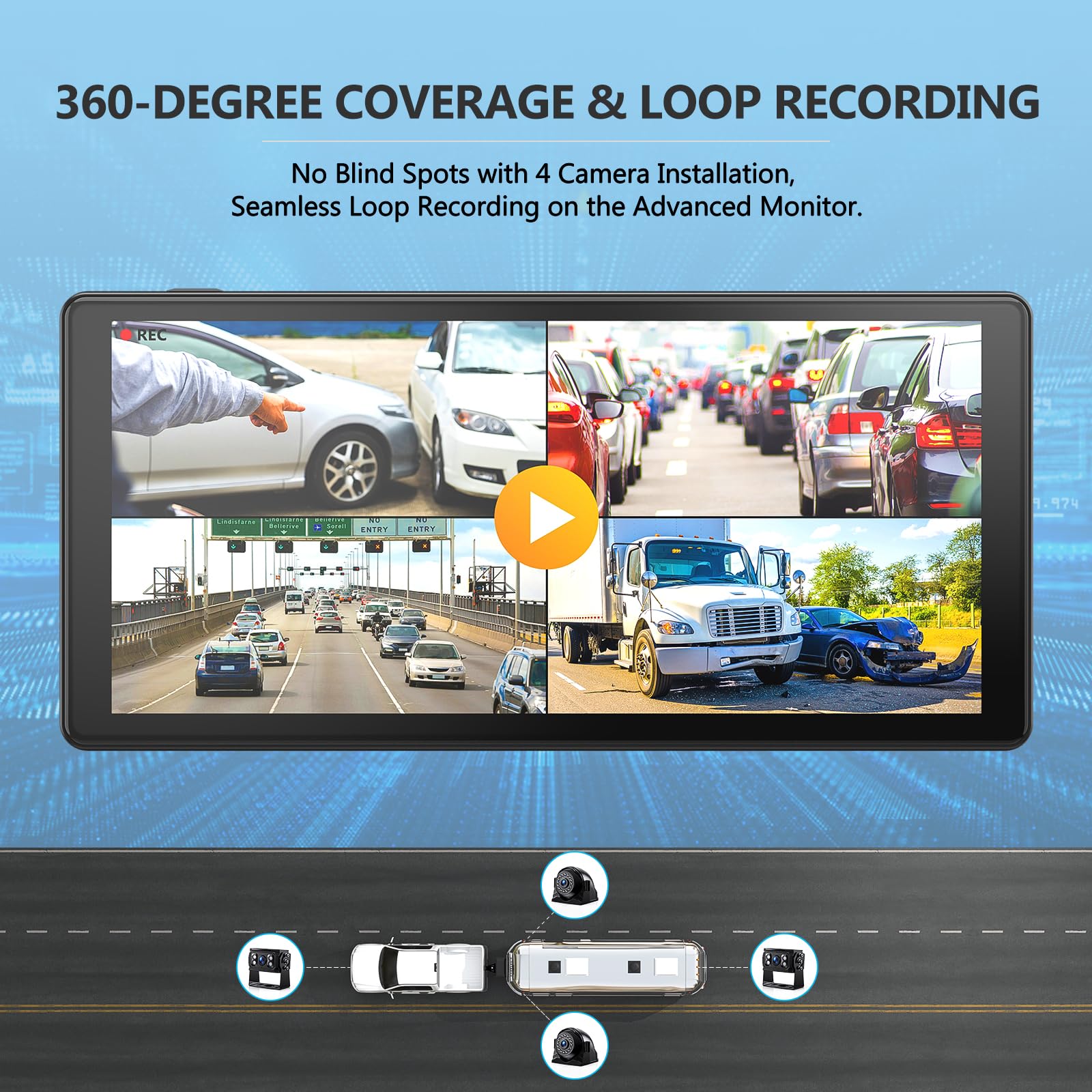 Dvknm 4K Rv Backup Camera System 10.36'' Quad Split Touchscreen Monitor 4 1080P Hd Rear View Cameras Dvr Recording Bluetooth Mus