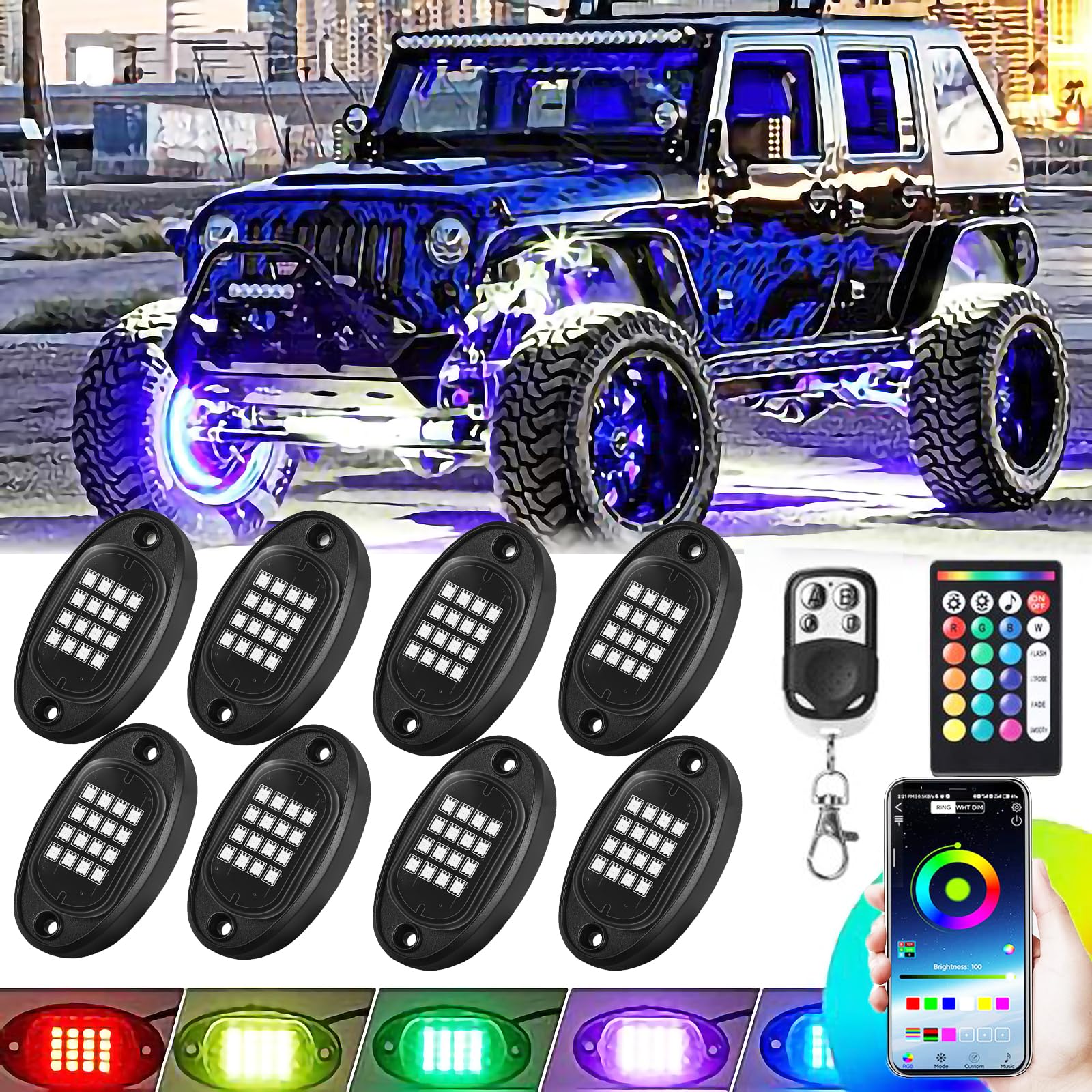 8Pods Rgb Led Rock Lights, Multicolor Exterior Lights For Trucks Waterproof Neon Underglow Lights With App/Rf Control Music Mode, Brake Warn, Dual Zone Control For Car Jeep Offroad Suv Atv Wheel Well