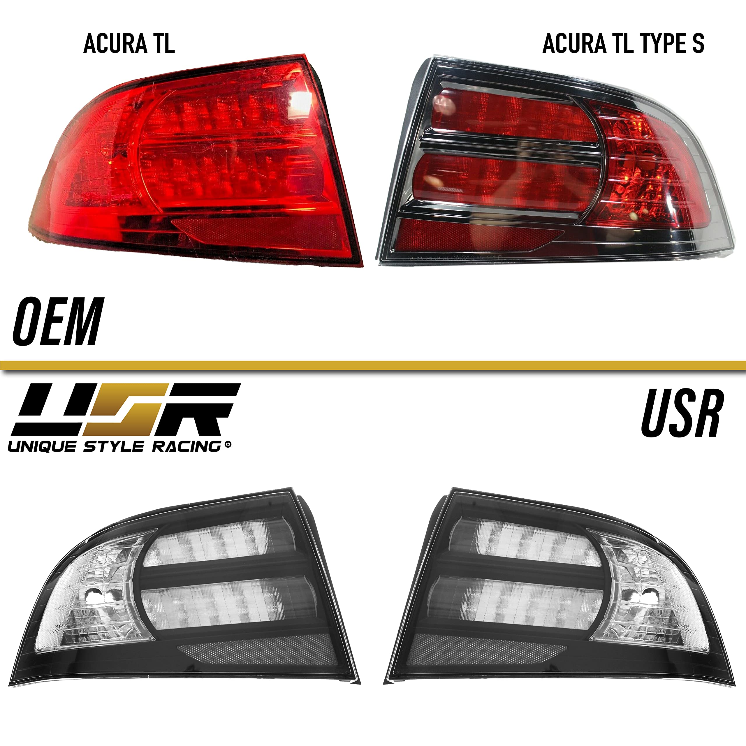 USR UNIQUE STYLE RACING JDM Style Tail Lights for 2004-2008 Acura TL - Black Housing Rear Lamps (Left + Right) Model 327-1901PTB-2C
