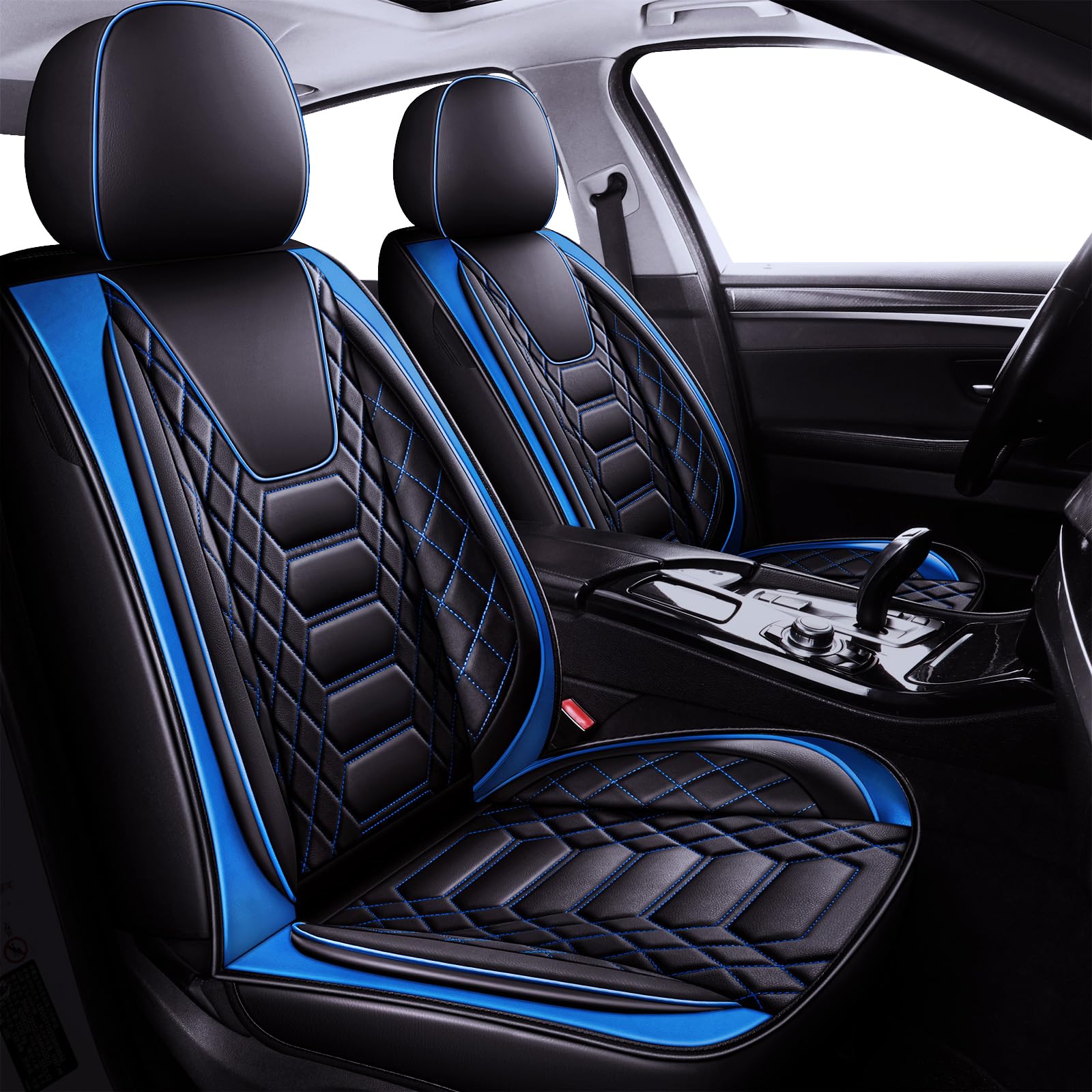 FREESOO Car Seat Covers Leather Seat Cover Full Set Automotive Seat Cover Protector Accessories Airbag Compatible Universal Fit for 5 Seats (Black Blue 8)