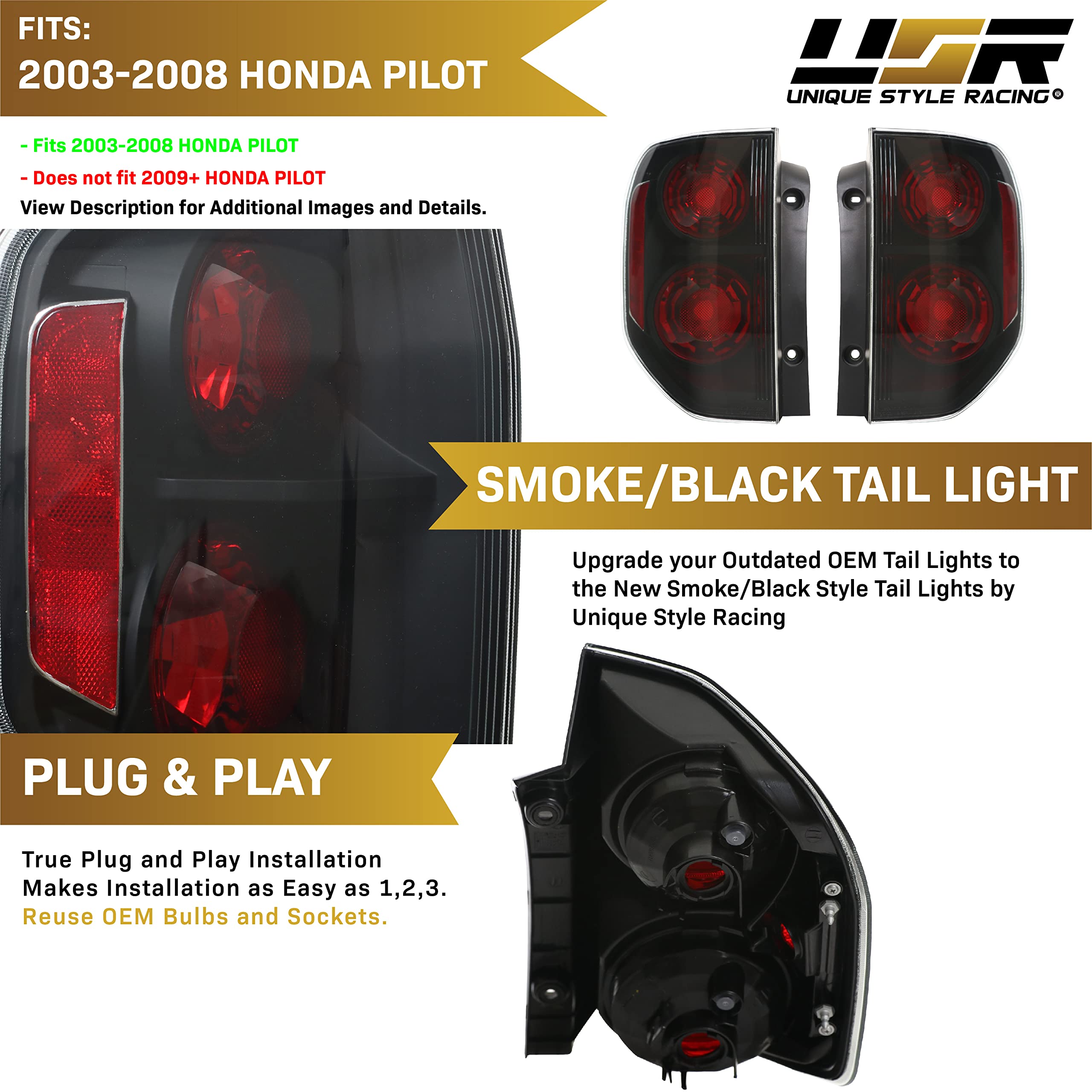 Usr Depo 03-08 Honda Pilot Tail Lights - Facelift Jdm Style Black Housing Light Shade Of Smoke Lens Rear Tail Lamps Set (Left + Right) Compatible With 2003-2008 Honda Pilot Suv