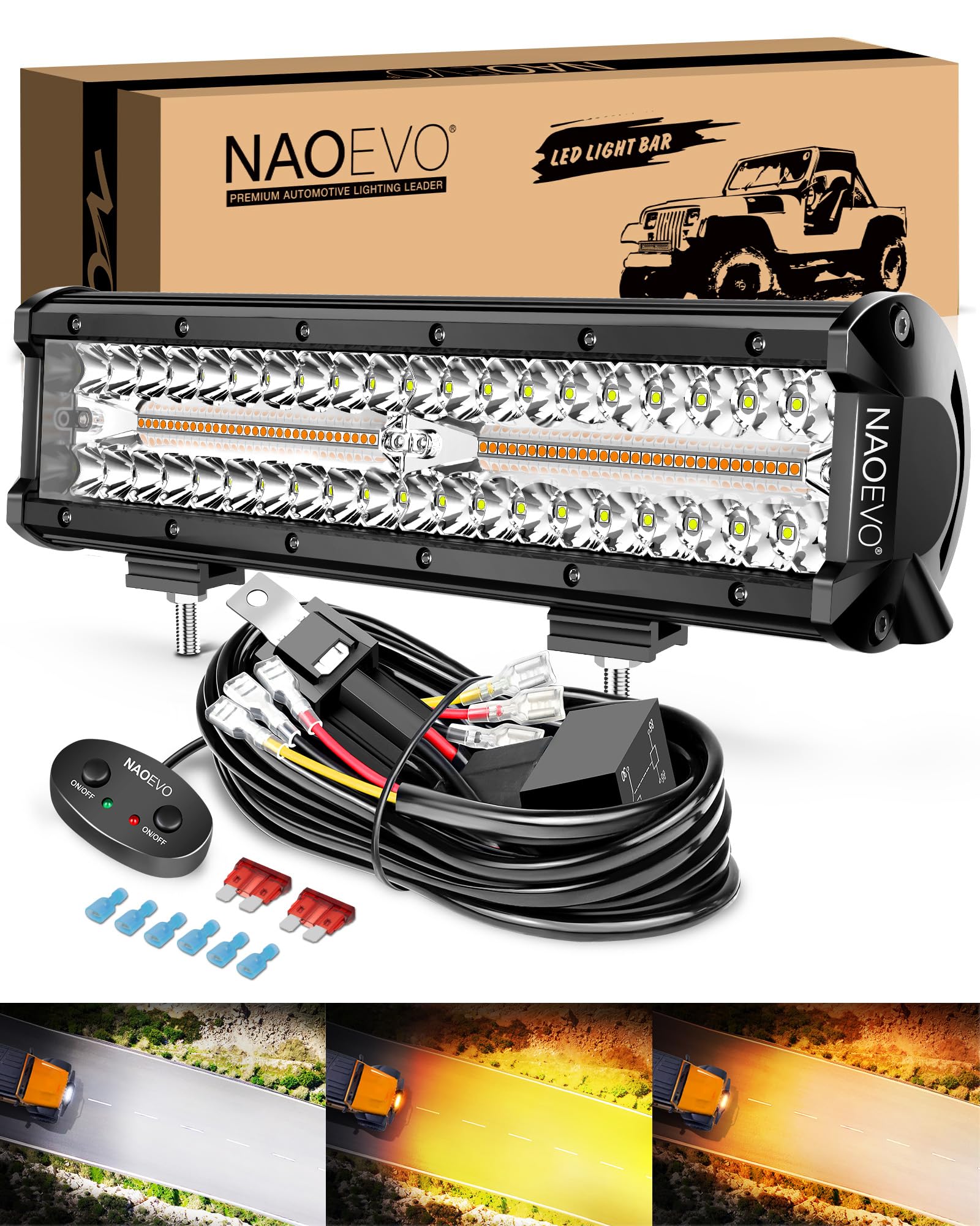 Naoevo 12 Inch Led Light Bar, 300W 30000Lm Led Offroad Fog/Driving Lights With 2 Leads Wiring Harness, Spot & Flood Combo, Work