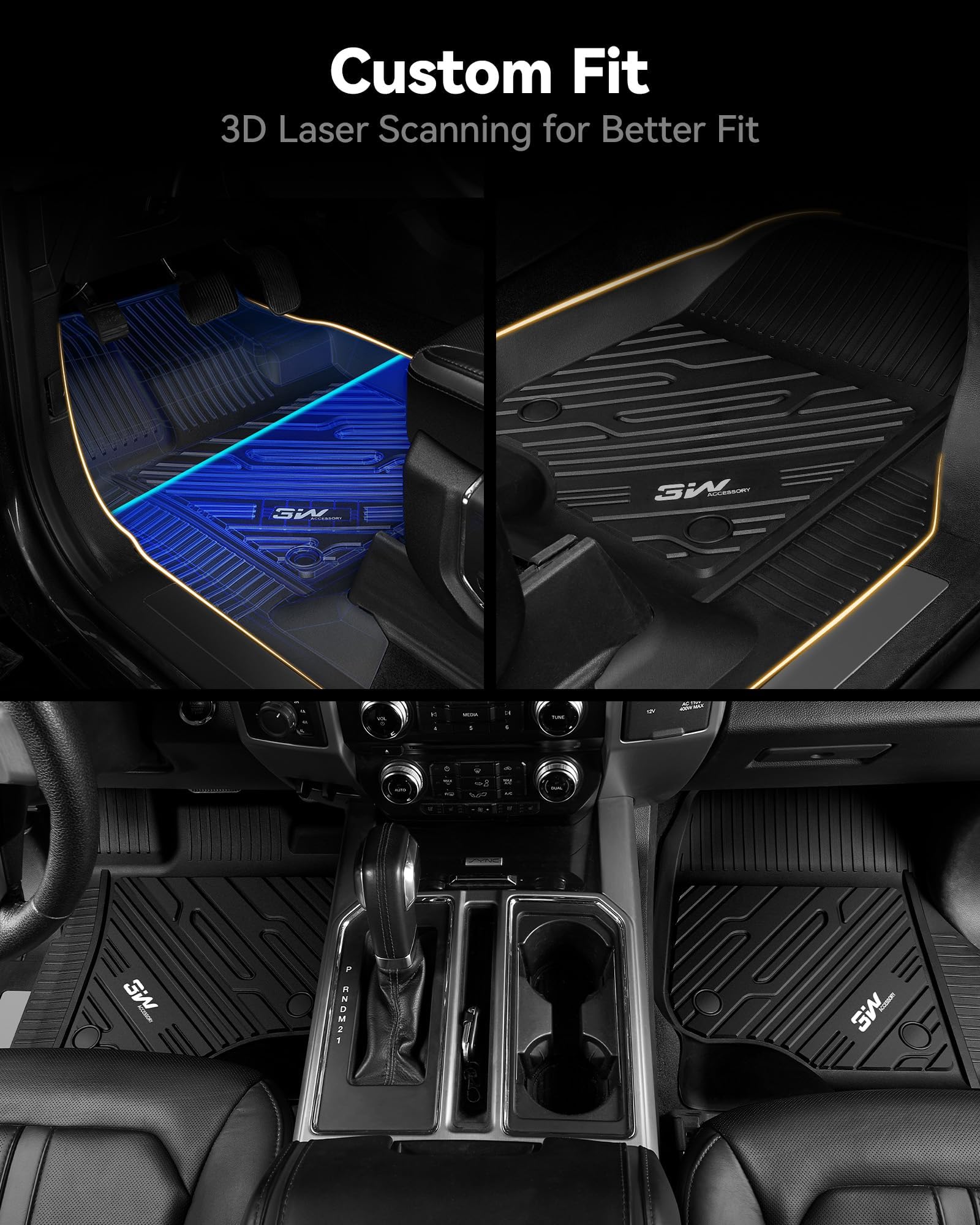 3W Floor Mats Fit For 2015-2024 2025 Ford F150 / F-150 Lightning Supercrew Cab, Tpe All Weather Heavy Duty Floor Liner Custom Fi