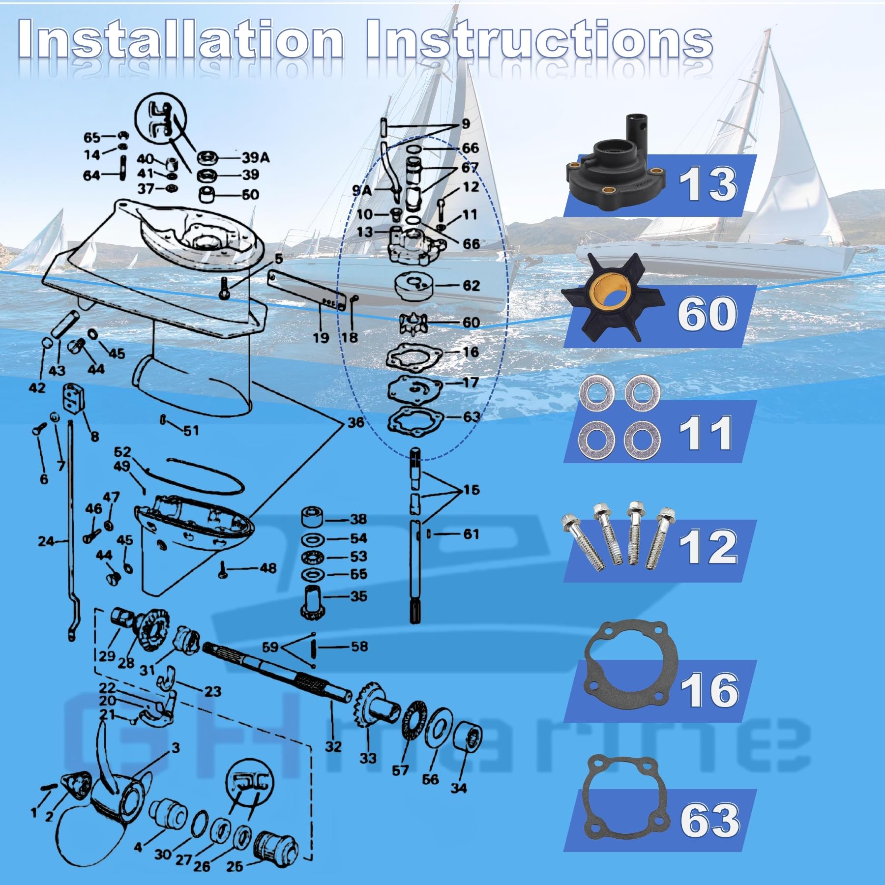 Ghmarine 395270 Water Pump Impeller Kit For Johnson Evinrude 14 25 28 Hp Outboard Engines Gearcase Repair 395271 18-3383 12060