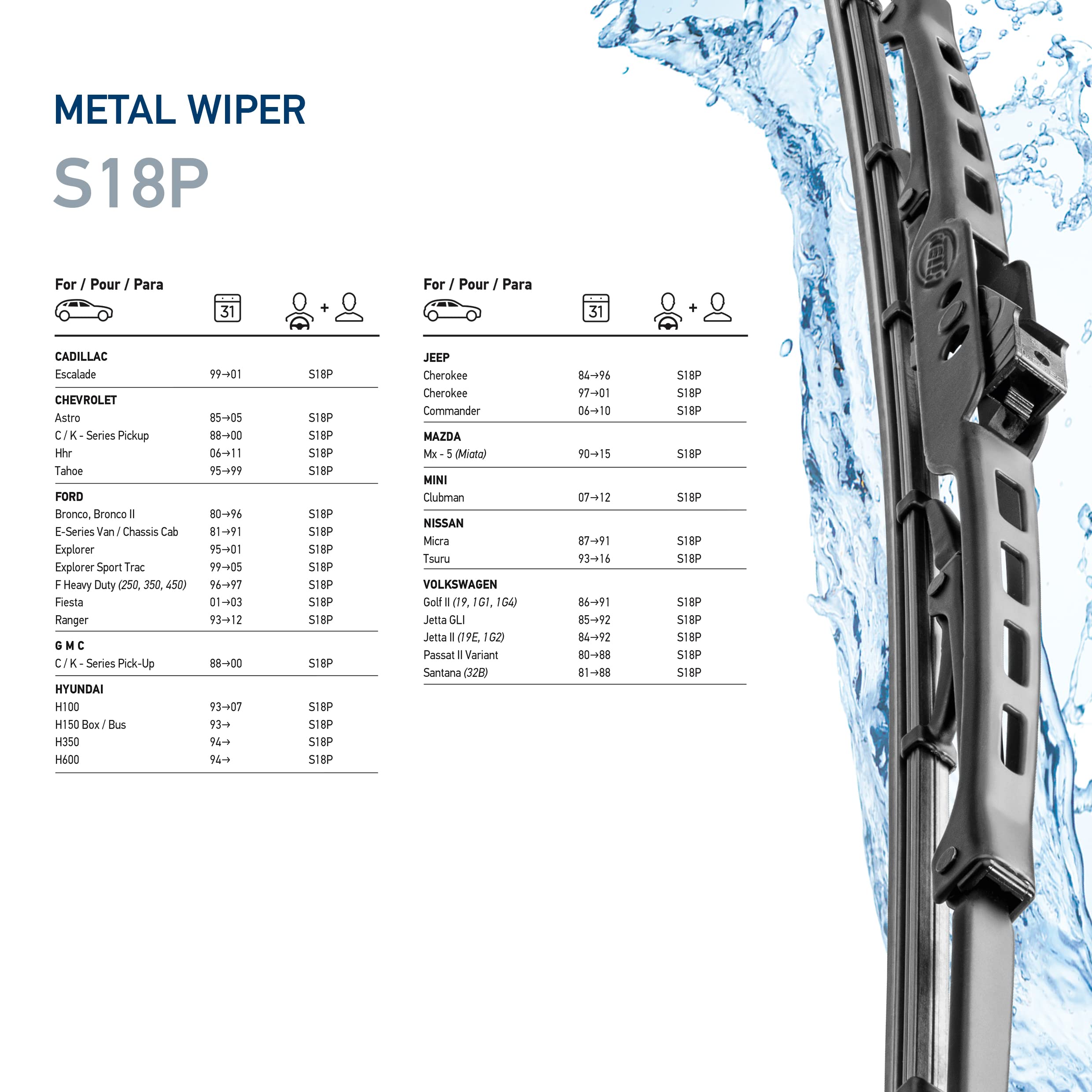 Hella Oe Quality 18 Inch All Seasons Streak-Free Rubber Standard Wiper Blade (2 Blades) Fit Select Cadillac Chevrolet Ford Gmc H