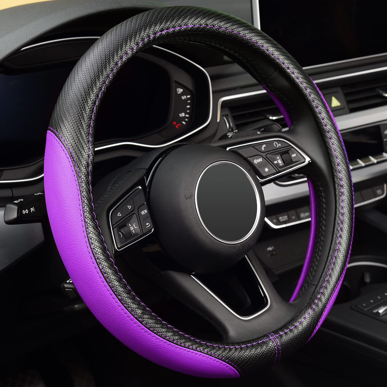 Labbyway Microfiber Leather Auto Car Steering Wheel Cover, Universal Fit 15 Inch Anti-Slip Wheel Protector, Purple