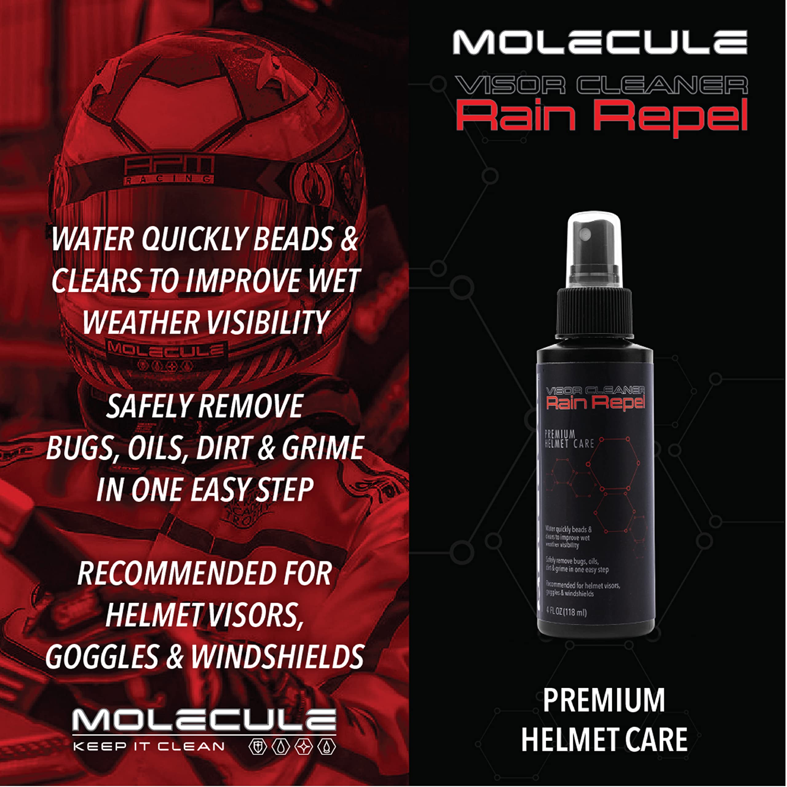 Molecule Premium Helmet Care Kit, Includes Anti-Fog, Cleaner Polish, Helmet Refresh, and Rain Repel, For Helmets, Visors, and Go