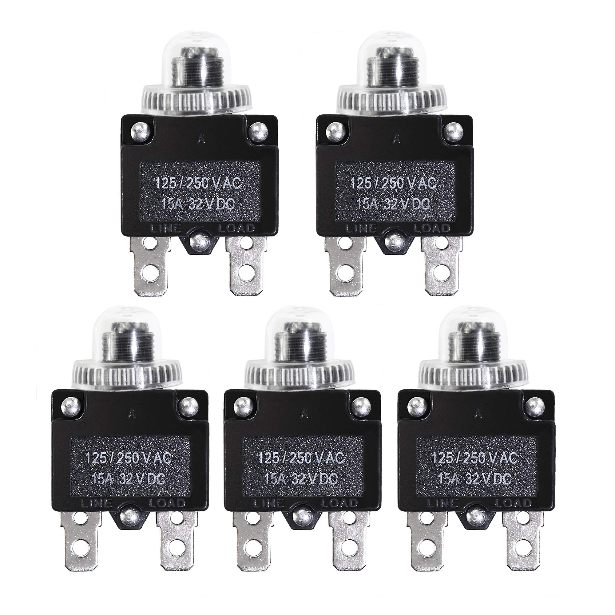 Fuzbaxy 5Pcs 15Amp Circuit Breakers With Push Button Reset 32Vdc,Ac125-250V With Quick Connect Terminals And Waterproof Button Cap