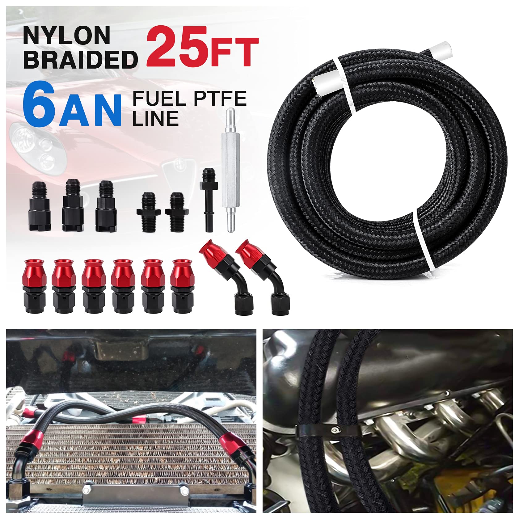 25Ft Ptfe Fuel Line Kit: 6An 3/8' Fuel Hose Efi Ls Fuel Injection Line E85 Oil Gas Hose Fitting Kit Nylon Stainless Steel