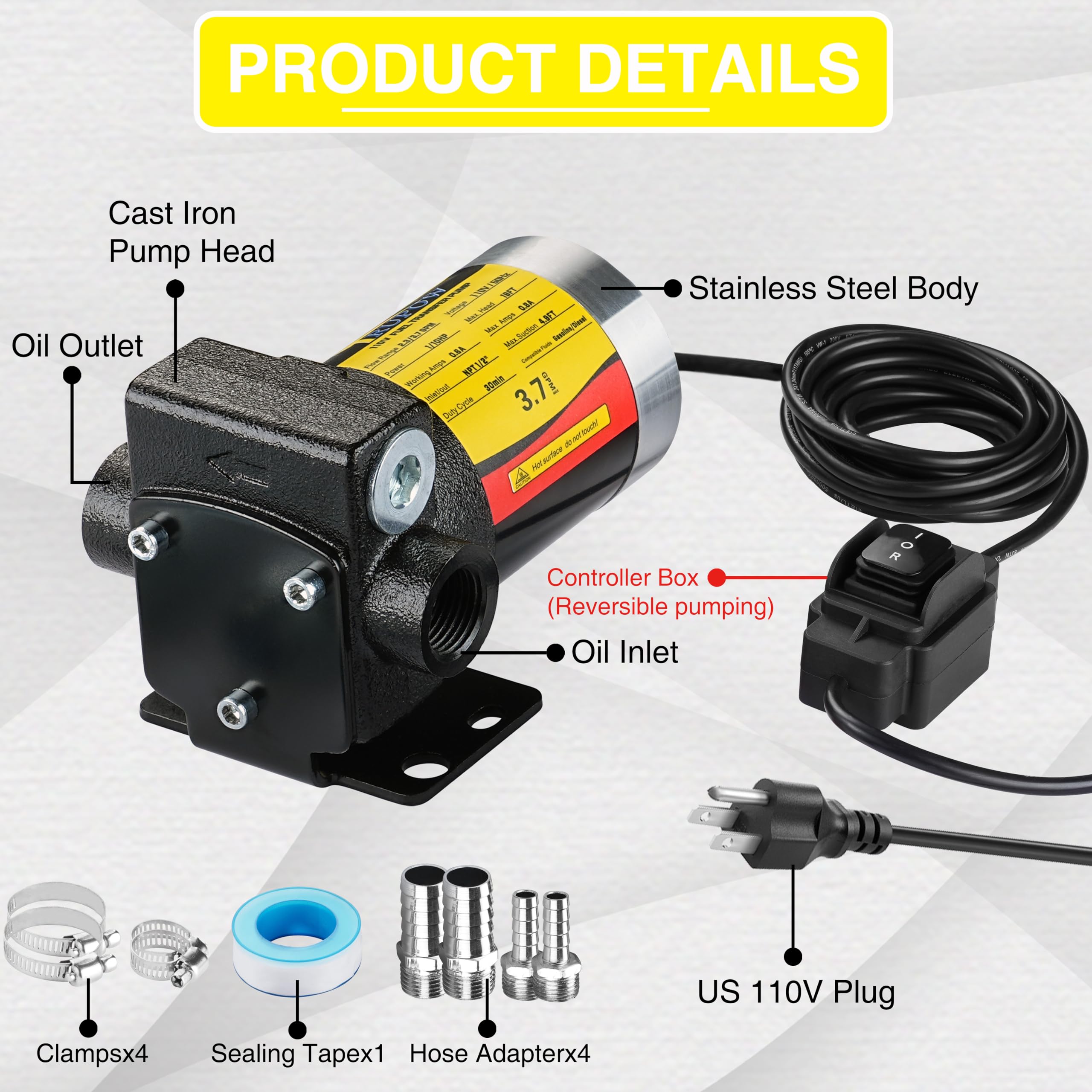 Trupow 110V Ac Self-Priming Gasoline Fuel Oil Transfer Pump With Reversible Pumping Switch For Gasoline Diesel Kerosene & More