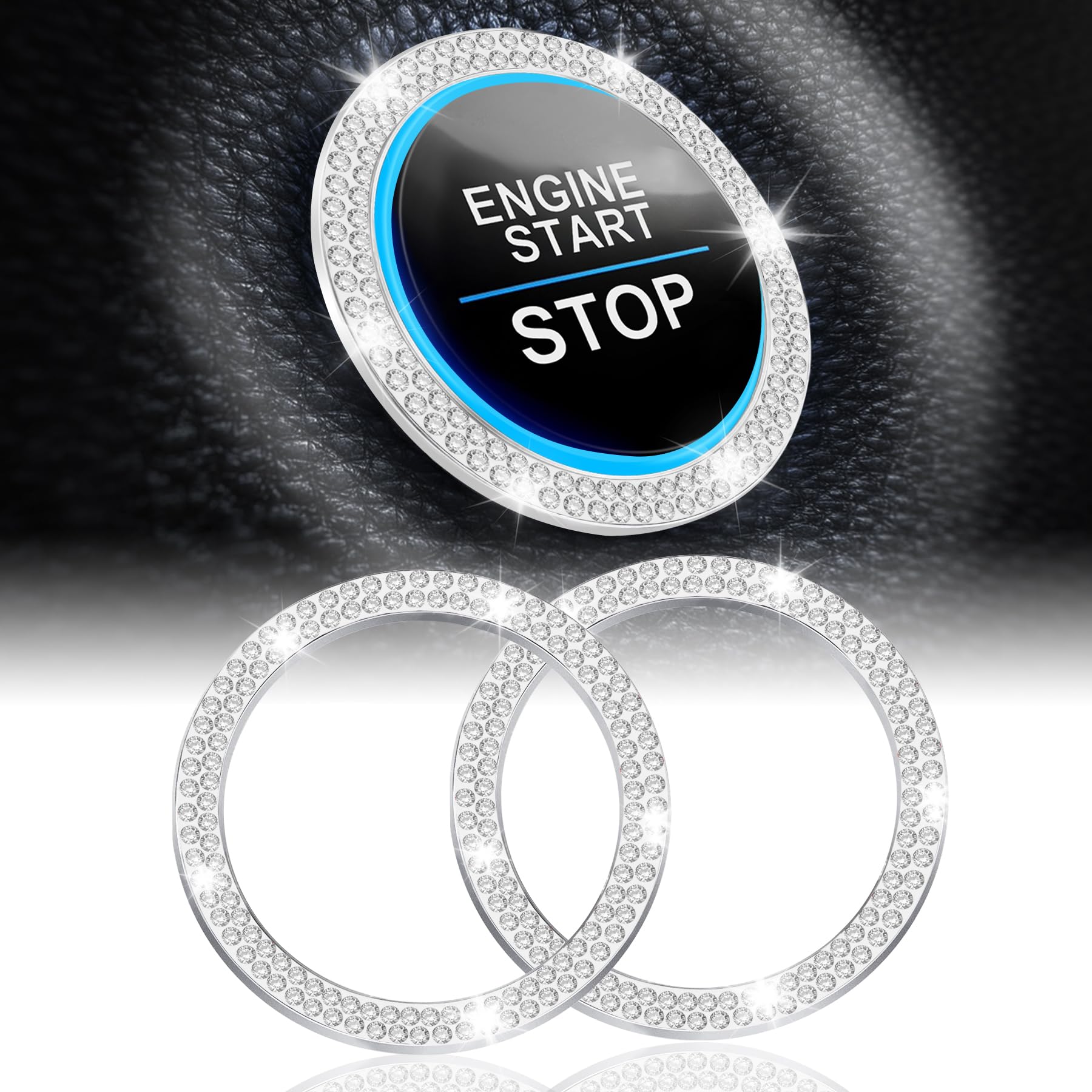 Livtee 2 Pcs Crystal Double Rhinestone Car Engine Start Stop Decoration Ring, Bling Car Interior Accessories For Women, Push To