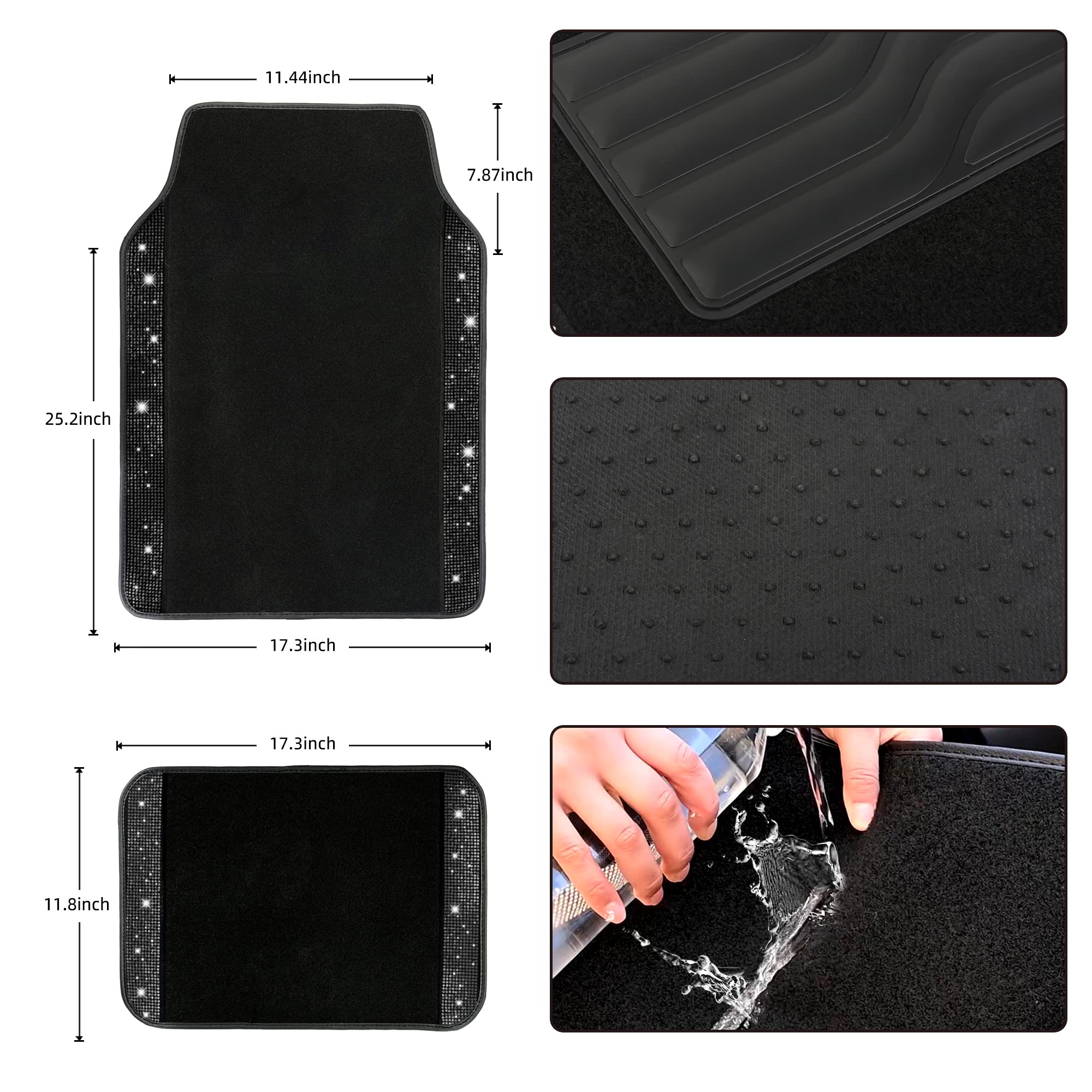 Valleycomfy Bling Steering Wheel Cover, Waterproof Diamond Floor Mats Sparkling 9-Pack Rhinestone Car Accessories For Women (Bla