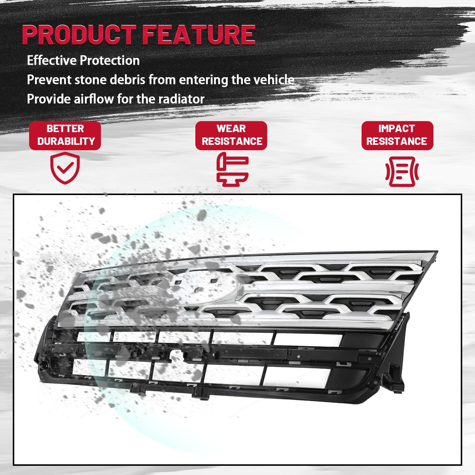 HECASA Front Grille Grill Compatible with 2018-2019 Ford Explorer Front Bumper Upper Hood Grill Chrome