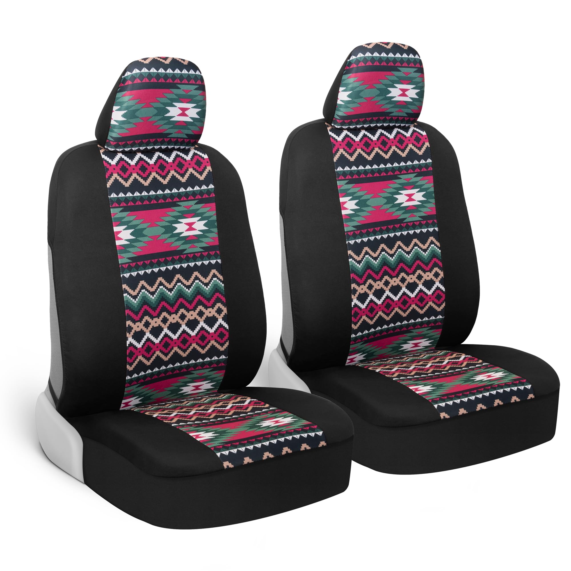 BDK Pink Inca Car Seat Covers for Front Seats, 2 Pack- Geometric Print Front Seat Cover Set with Matching Headrest, Sideless Des