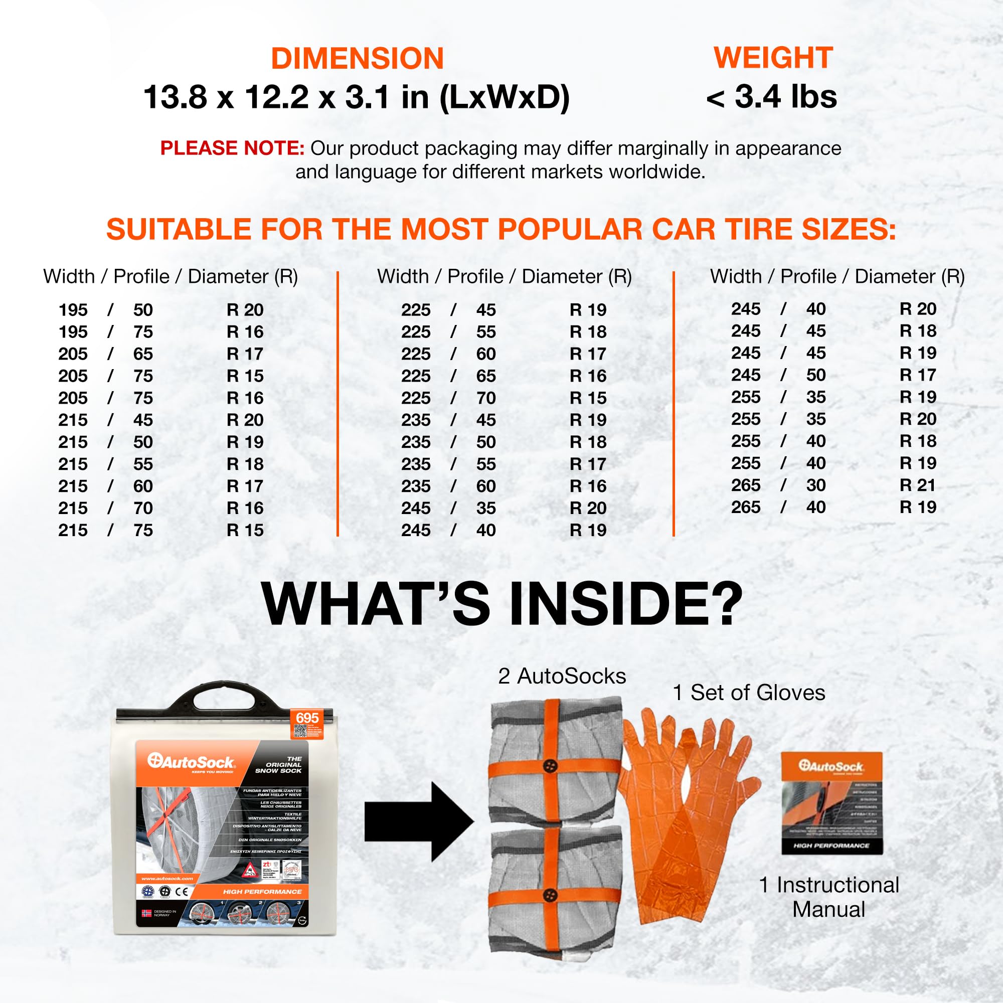 AUTOSOCK HP 695 Snow Socks for Tires, Grip Boost Traction Device, 2 Count