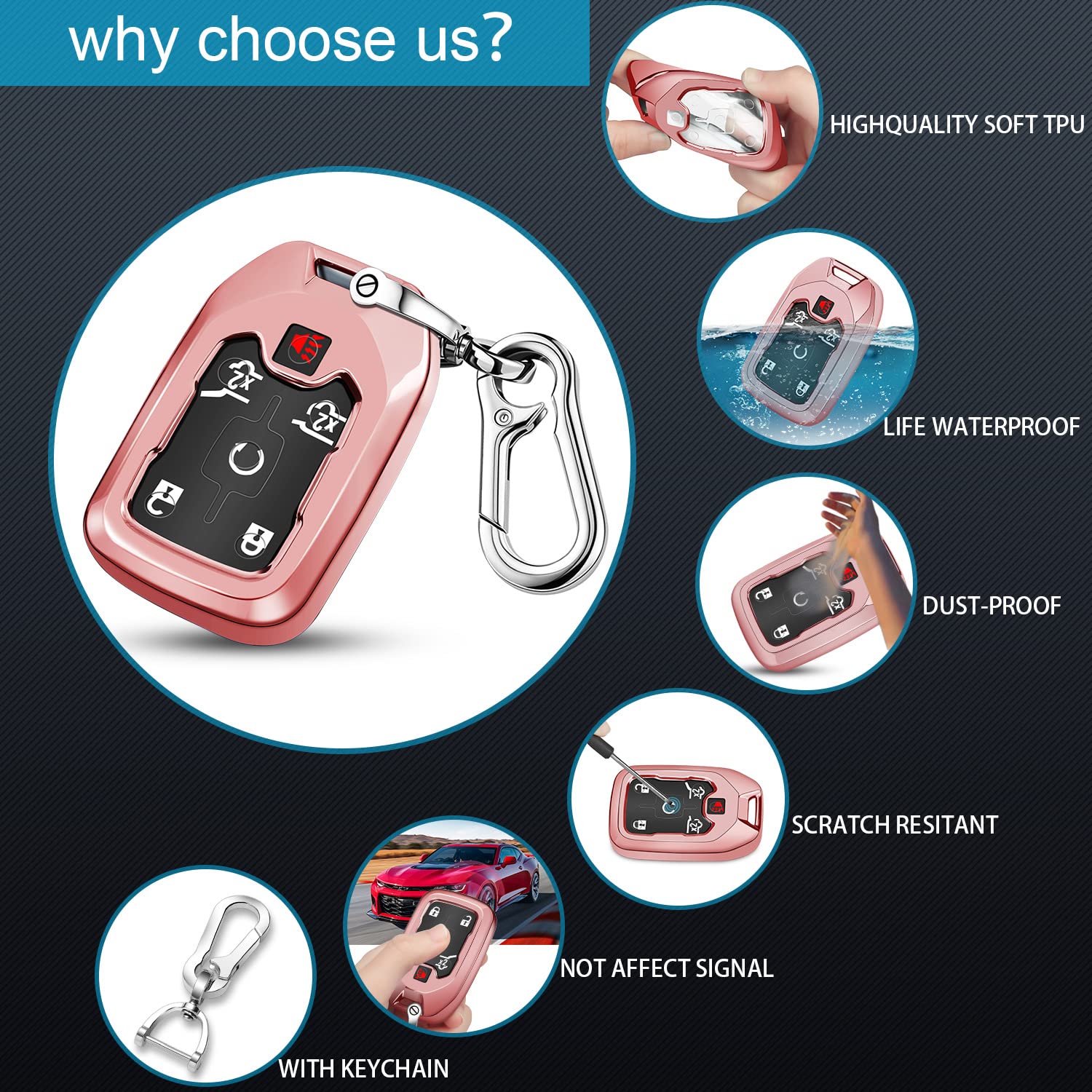Qbuc For Gmc Key Fob Cover Tpu Protector Case With Keychain For 2019-2021 Chevrolet Chevy Silverado And Gmc Sierra 1500 2500Hd 3500Hd Terrain Acadia Yukon Key Cover Smart Remote 3/4/5/6 Button(Pink)