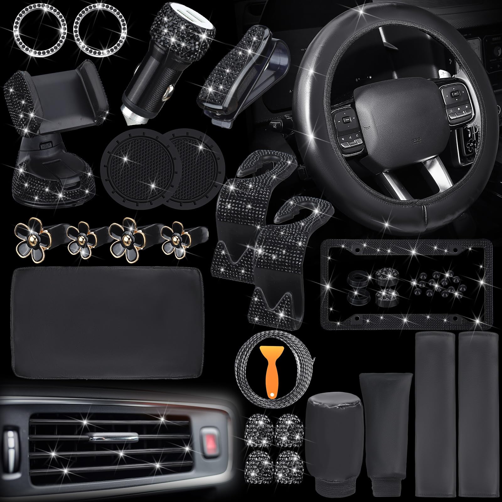 46 Pcs Bling Car Accessories Set for Women Leather Steering Wheel Cover Seat Belt Covers Diamond Rings Sticker Rhinestone Cup Ho