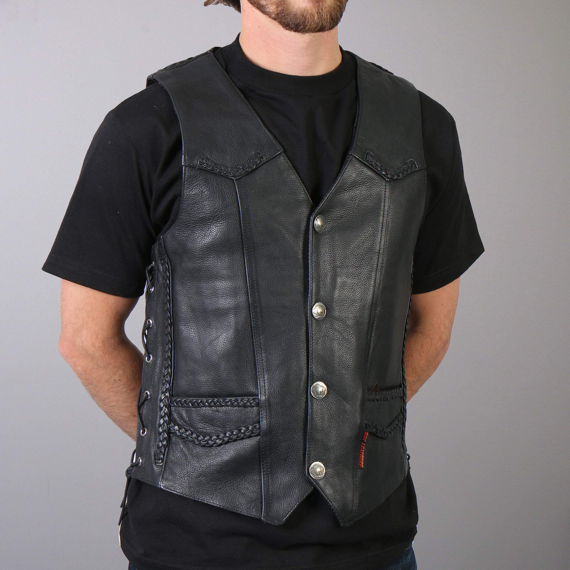Hot Leathers Heavy Weight Leather Vest With Braided Detail (Black, Small)