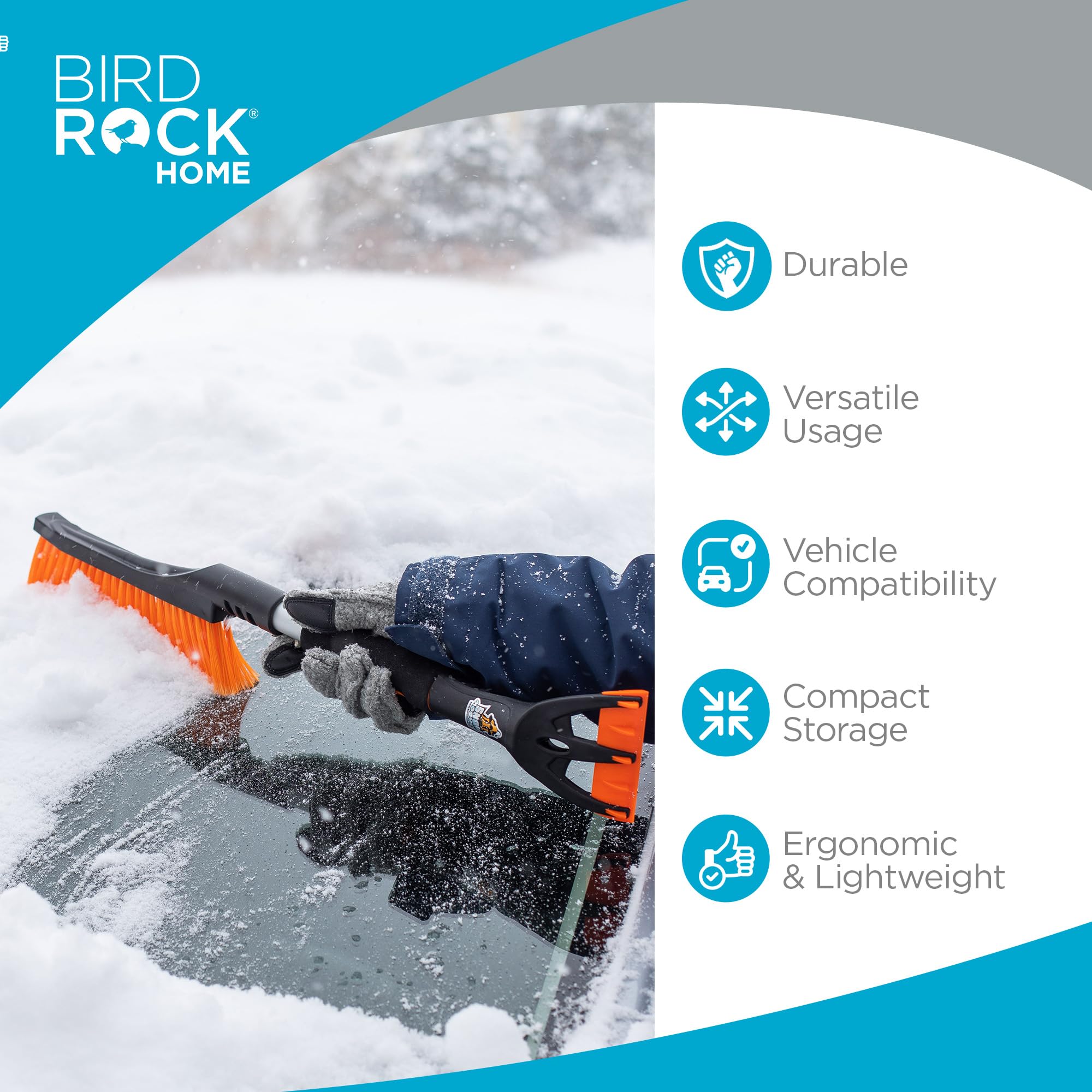 BIRDROCK HOME Snow Brush with Detachable Ice Scraper for Car - Flexible Snow Remover and Windshield Cleaning Tool with Wide Bristle Brush - Winter Sweeper for Auto, SUV - Size: 24' L x 9' W - 2 Pack