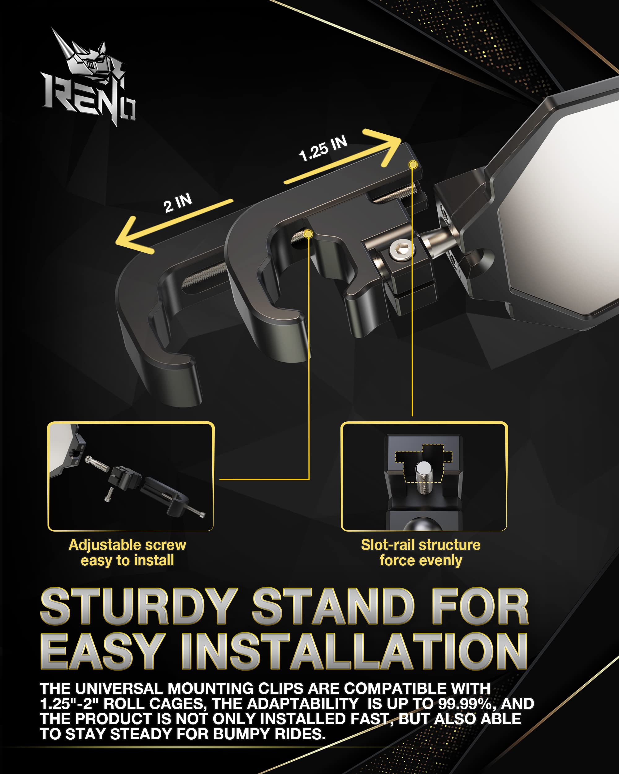 Reno Utv Side Mirrors, Fits 1.25'-2' Roll Bar Cage Cnc Aluminum Rear View Mirror Heavy-Duty Adjustable Bracket Compatible With Off-Road Utv Rzr Ranger Xp Sxs Mtv Atv Maverick (2 Pack)