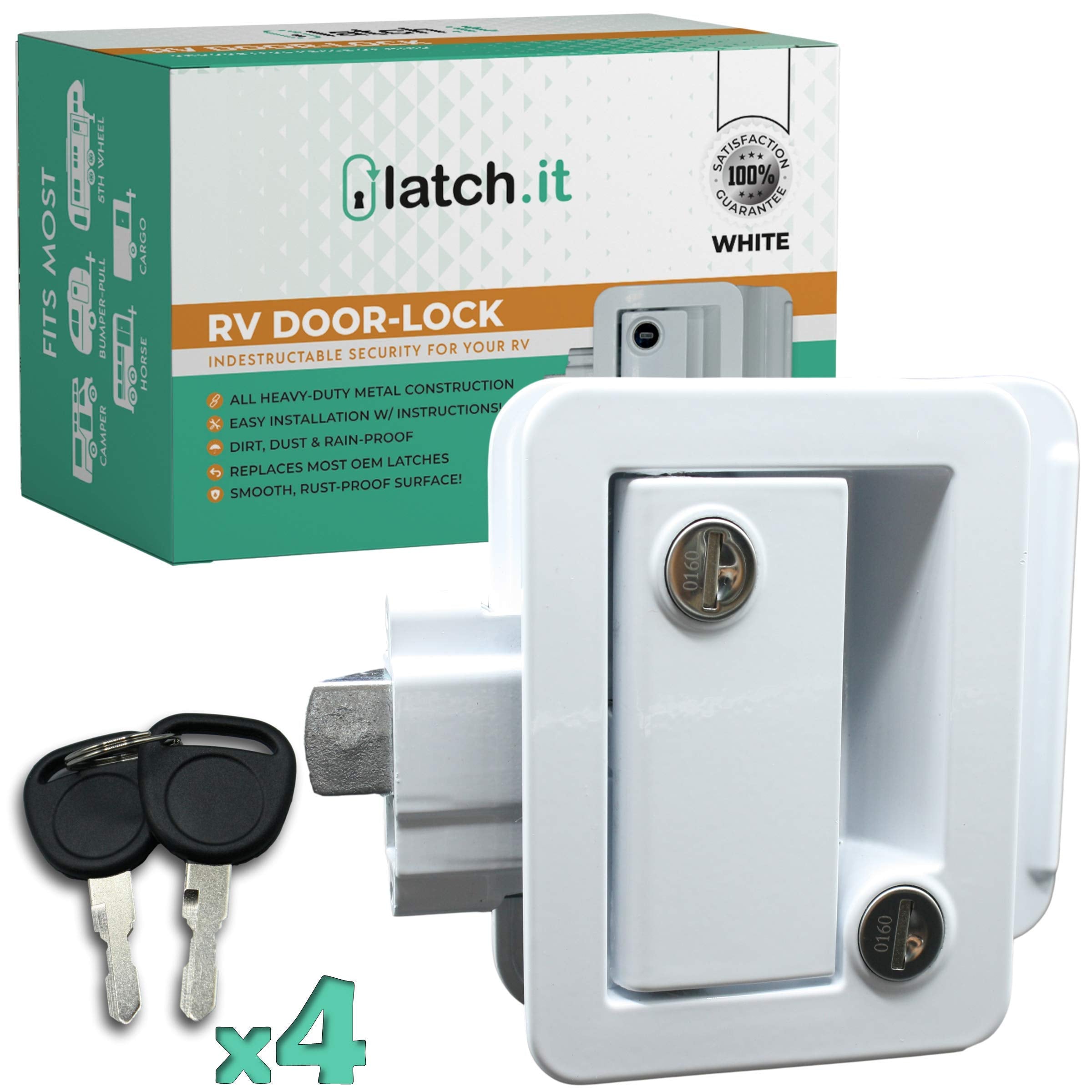 Latch.It White Rv Door Latch | Rv Door Locks For Travel Trailers | 100% Metal Camper Door Lock W/ 4 Keys | Only Fits 2.75''X3.75
