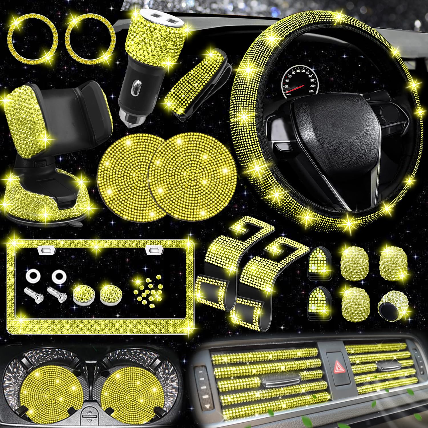 Nbtepem 27-Piece Yellow Bling Car Accessories Set - Universal Fit Steering Wheel Covers, License Plate Frame, Phone Holder, Car