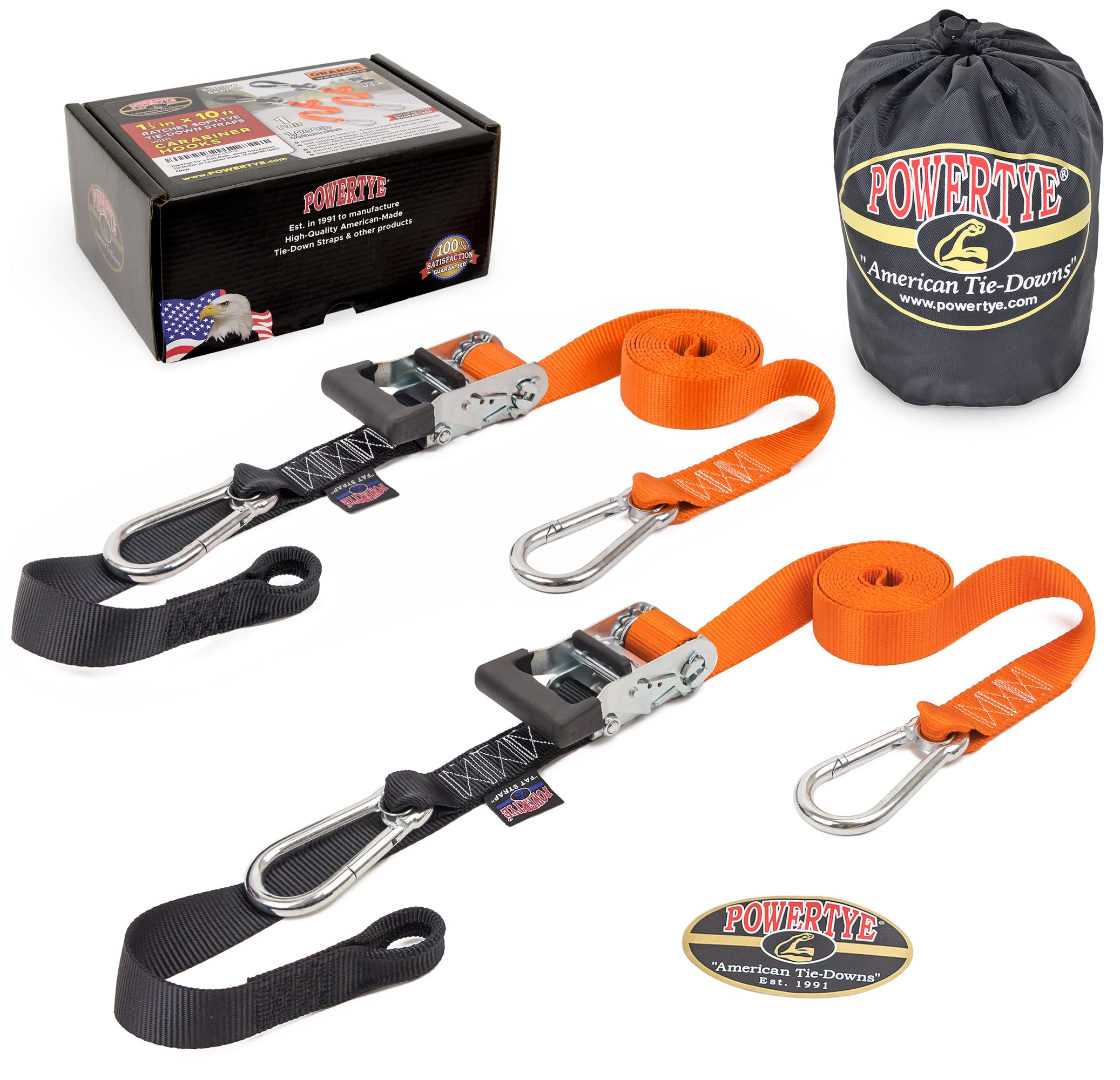 Powertye 1.5In X 10Ft Long Heavy Duty Ratchet Tie-Down Straps With Soft-Tye, Carabiner Hooks - 1,000 Lb W.L.L. / 3,000 Lb Break