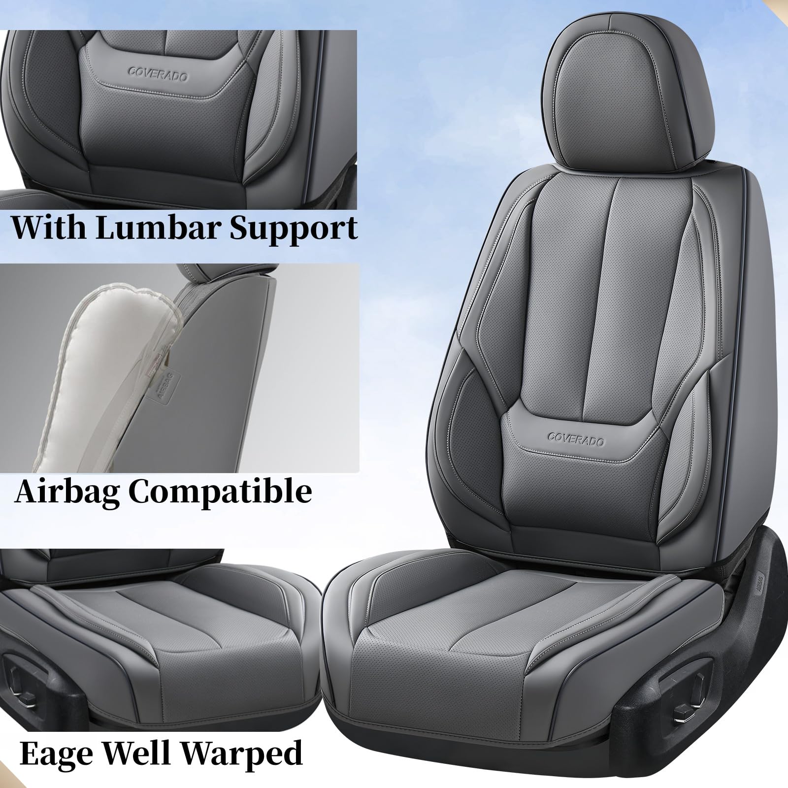 Coverado Car Seat Covers Full Set, Seat Covers For Cars, Gray Car Seat Cover, Car Seat Protector Waterproof, Nappa Leather Car S