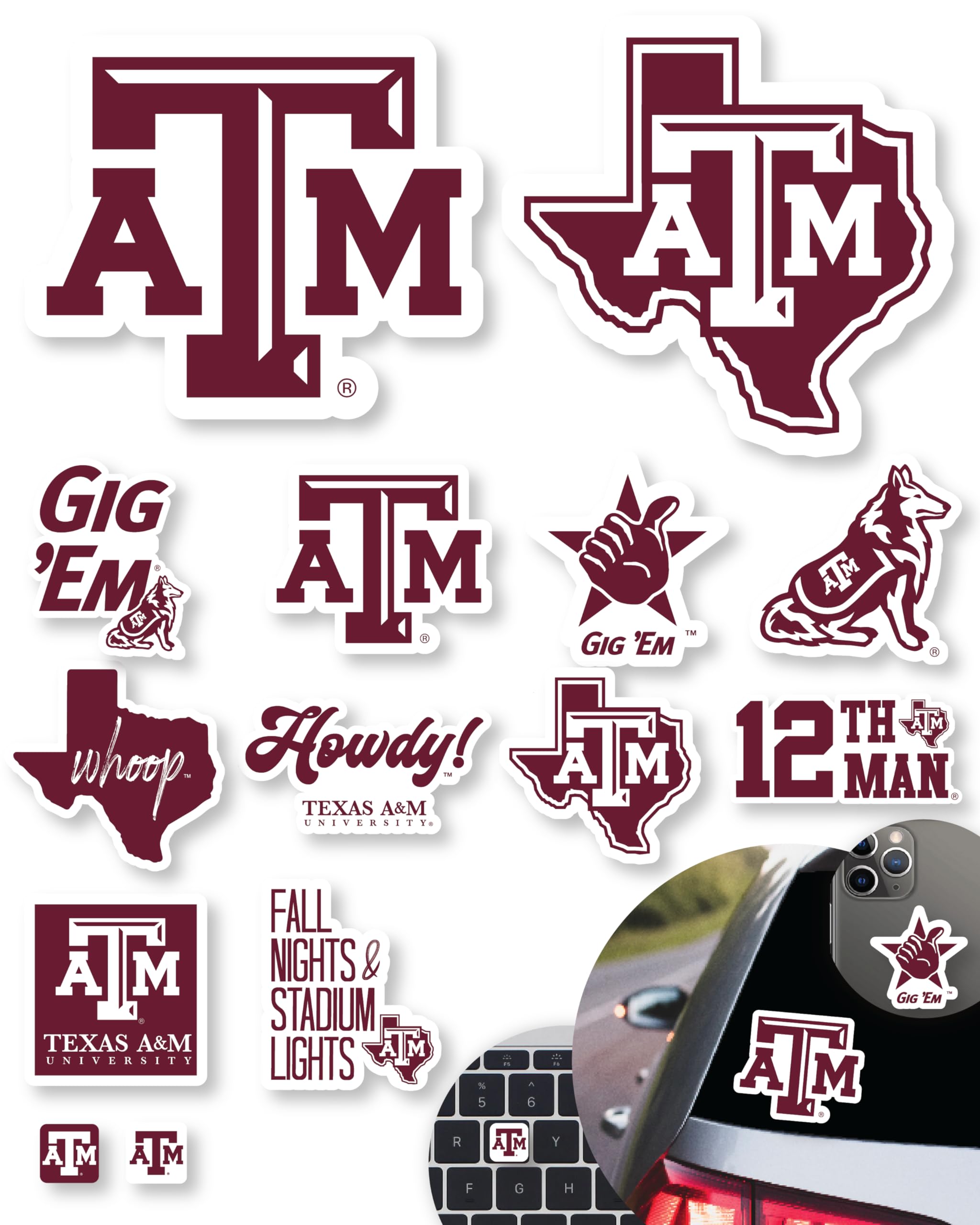 Texas A&M Stickers (14 Stickers) 2 Large 5'' For Car Windows 10 Medium 2.5'' For Water Bottles Laptops Phones And 2 Mini Keyboar