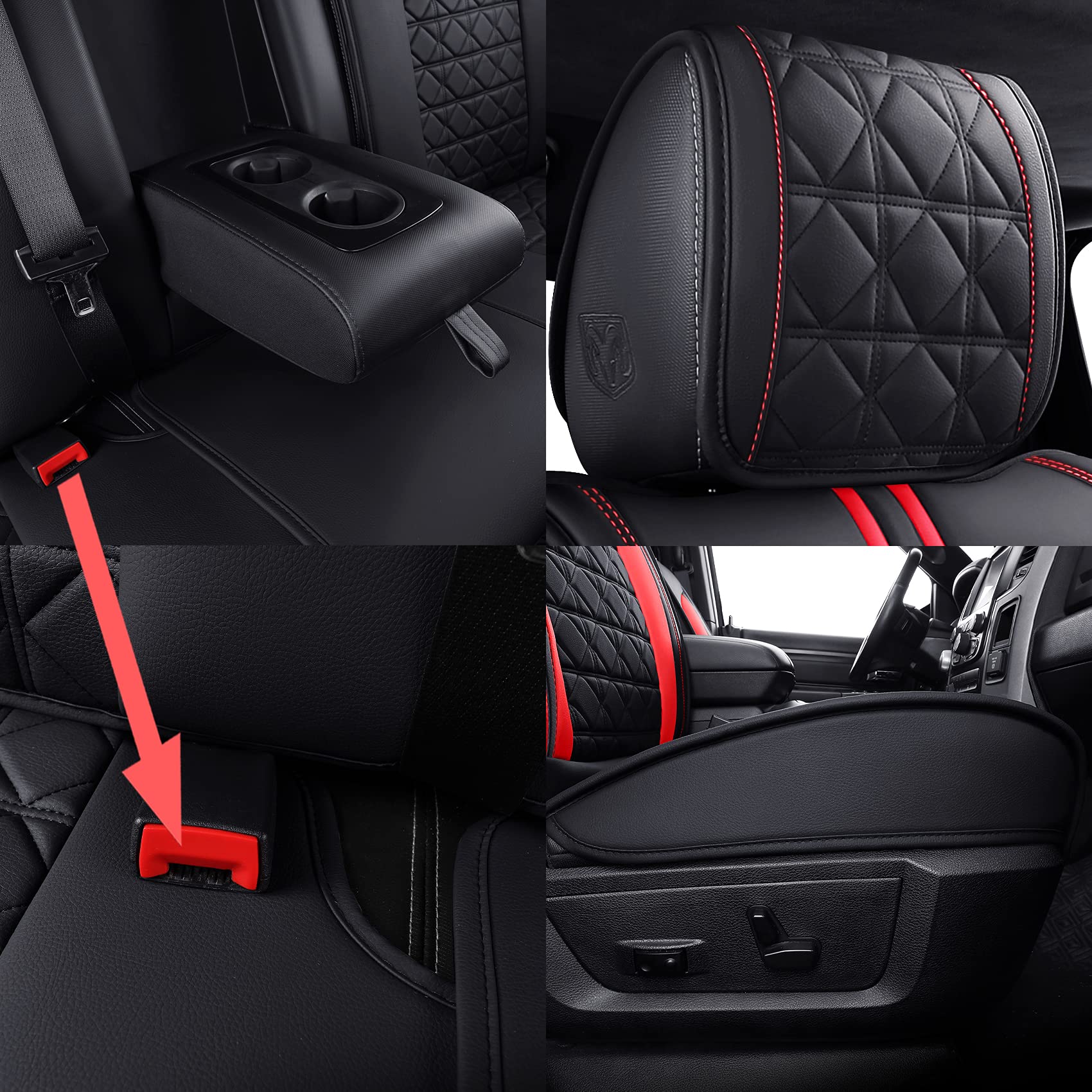 Yiertai For Dodge Ram Seat Covers Fit 2009-2025 1500Hd 2010-2023 2024 2025 2500/3500Hd Crew Double Quad Rebel Cab Laramie Big Long Horn Rebel Tradesman Leather(5 Pcs Full Set/Black-Red)
