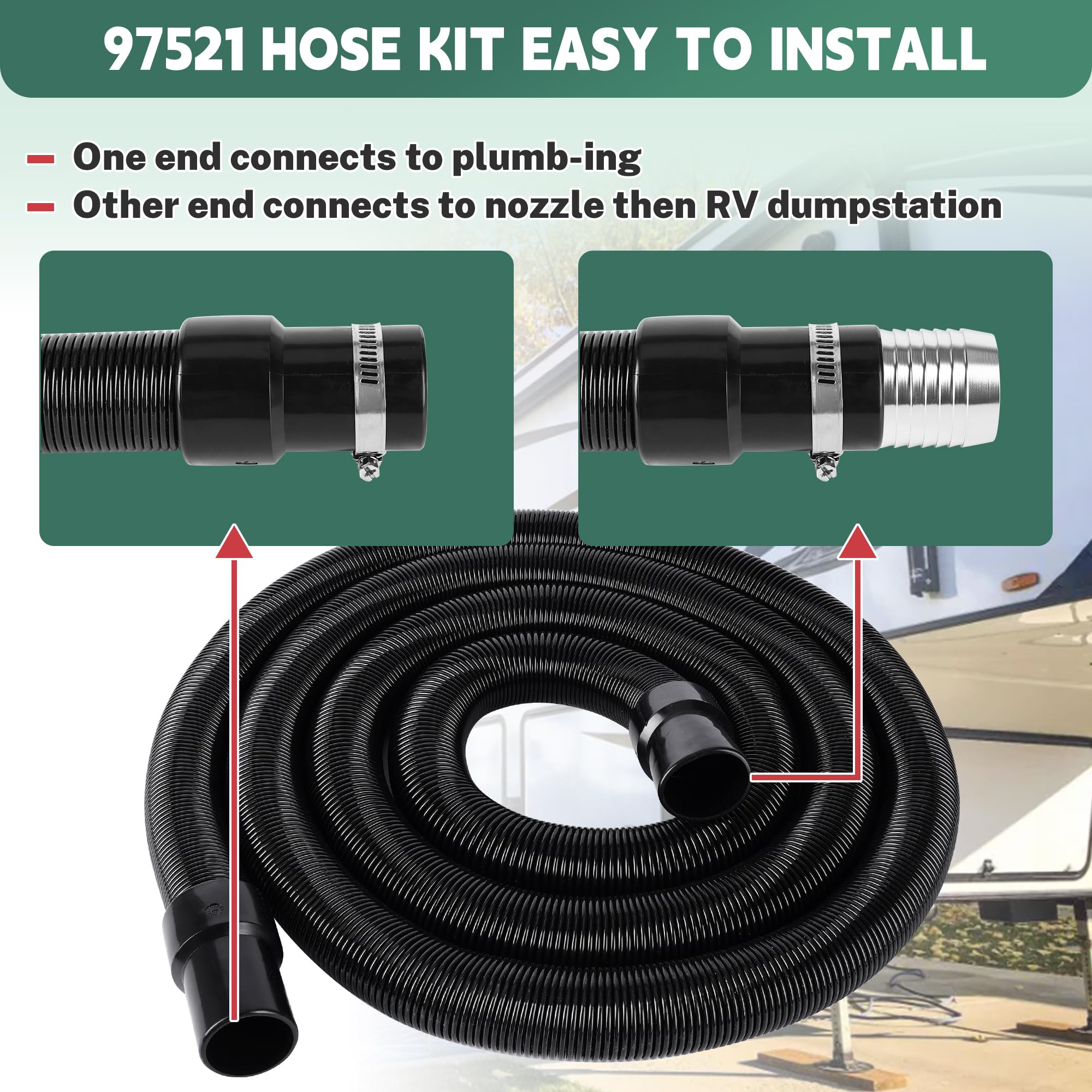 97521 RV Macerator Hose Kit for Thetford Sani-Con Turbo 400S 500S 600S 700S, 33FT 1.5 Inch Black Waste Water Sewage Hose with Qu