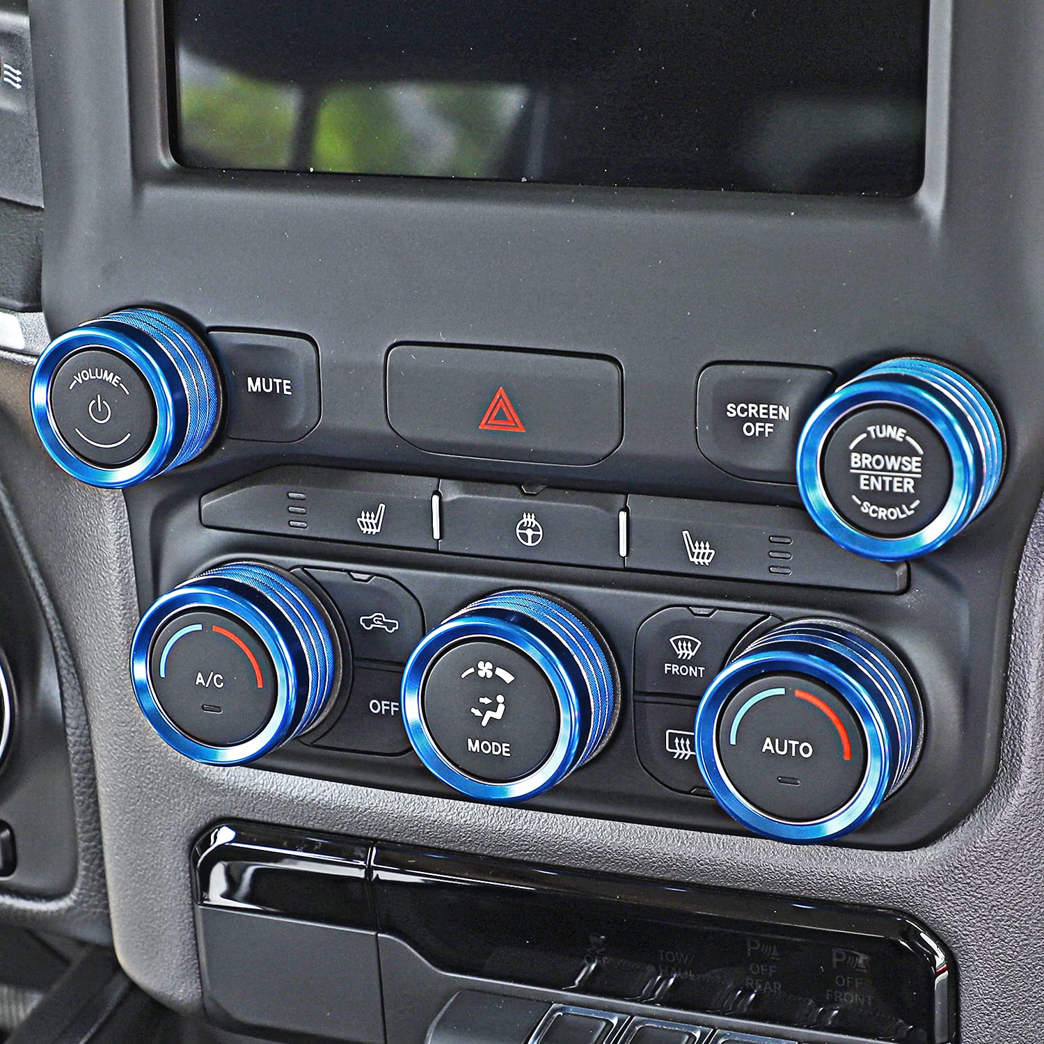 Voodonala for Dodge RAM Aluminum Center Console AC Radio Switch Knob Cover for 2018-2025+ RAM Interior Accessories, 5pcs Blue