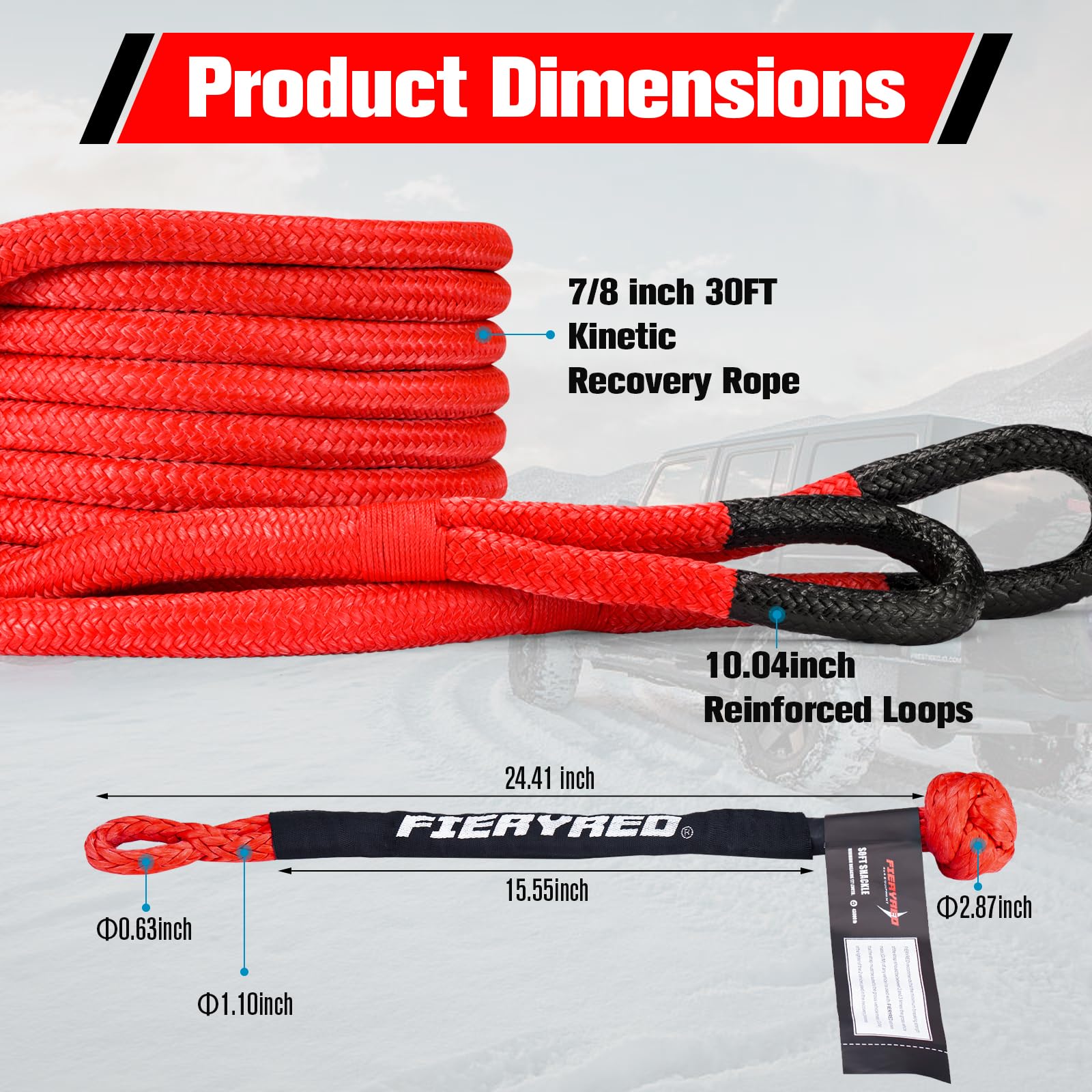 FIERYRED Kinetic Recovery Rope Kit - 7/8" x 20FT Heavy Duty Nylon Tow Rope with 2 Soft Shackles, Red, Model FY-TR2-RED-KIT