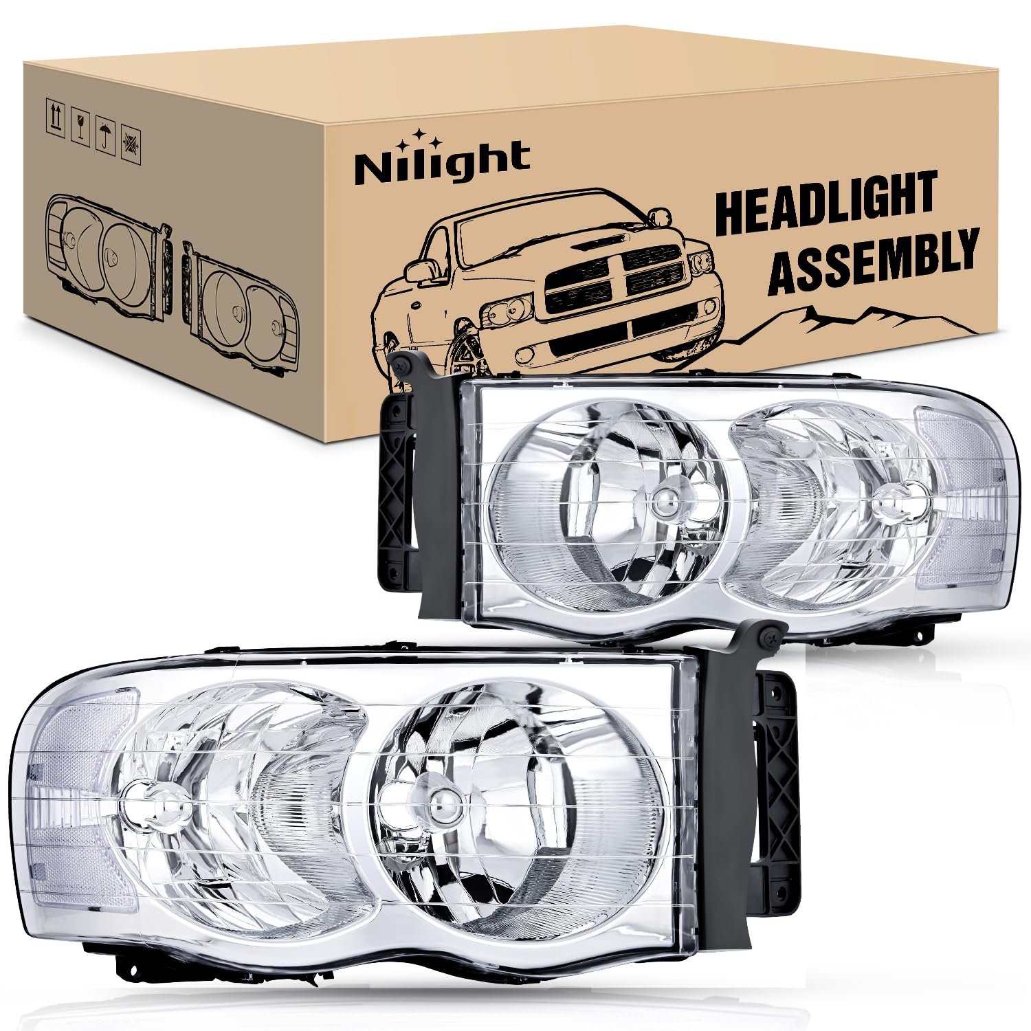 Nilight 2002 2003 2004 2005 Ram 1500 2500 3500 Headlight Assembly Chrome Housing Clear Corner Clear Lens Headlamp Replacement Dr
