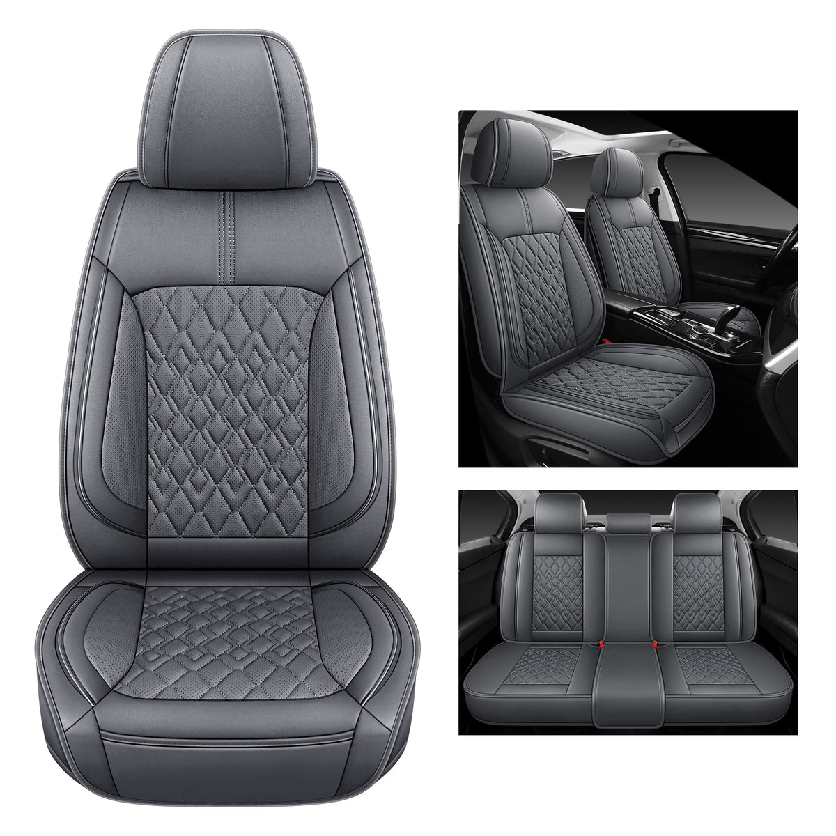 Pariitadin Leather Car Seat Covers Full Set, Waterproof Breathable Faux Leather Automotive Seat Covers For Cars, Non-Slip Car Interior Covers Universal Fit Most Cars Sedans Trucks Suvs, Gray