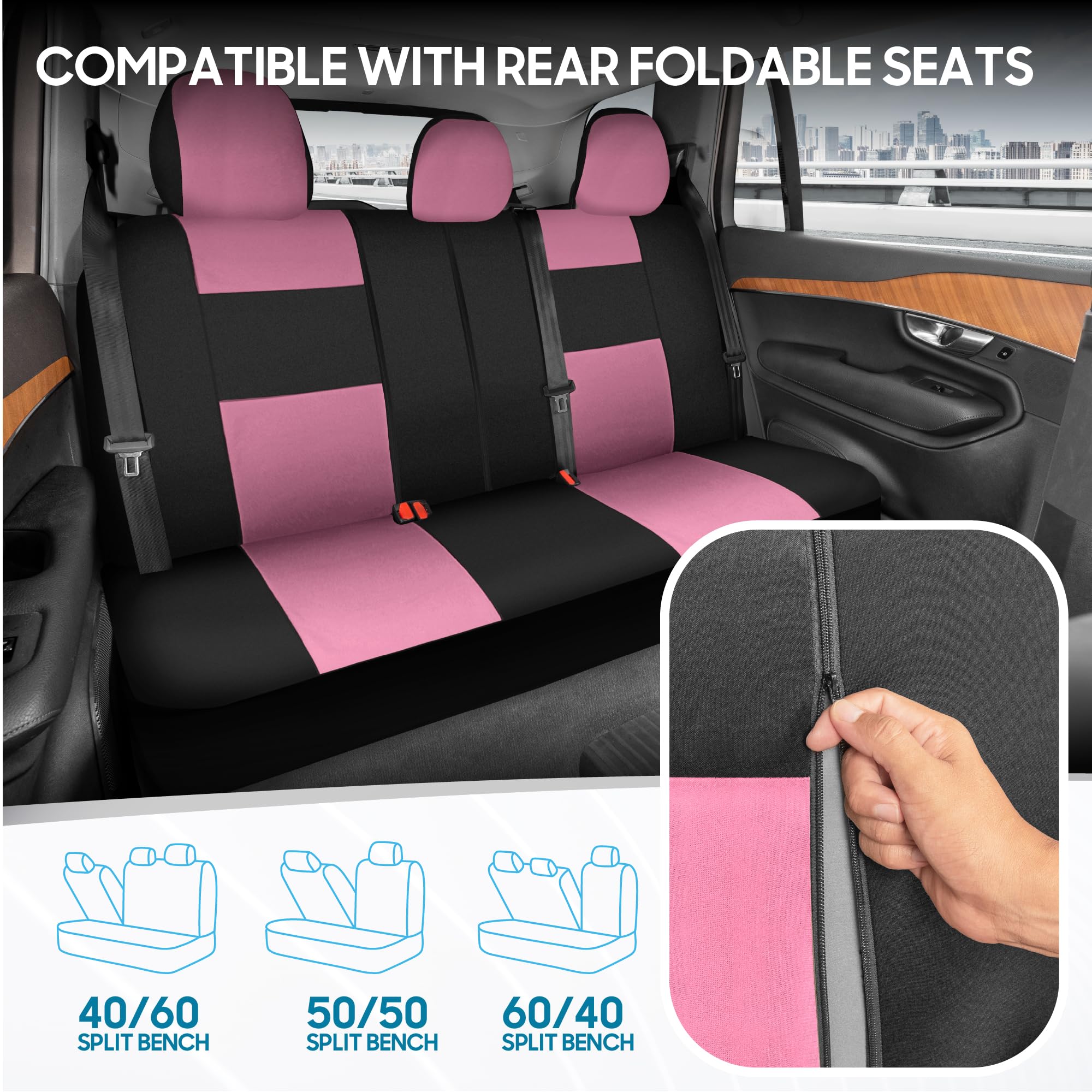 BDK PolyPro Car Seat Covers Full Set in Pink on Black, Front and Rear Split Bench Seat Covers for Cars, Easy to Install Car Seat