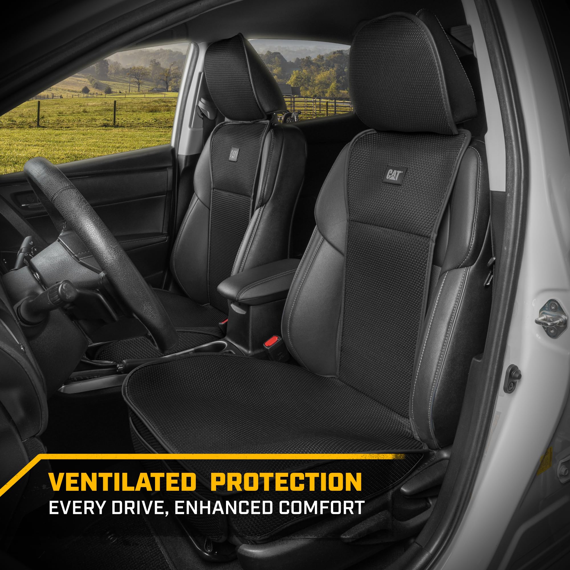 Caterpillar AeroMesh Black Seat Covers for Trucks, Car, & SUV - (2) Front Truck Seat Cover Protector - Breathable Mesh Universal