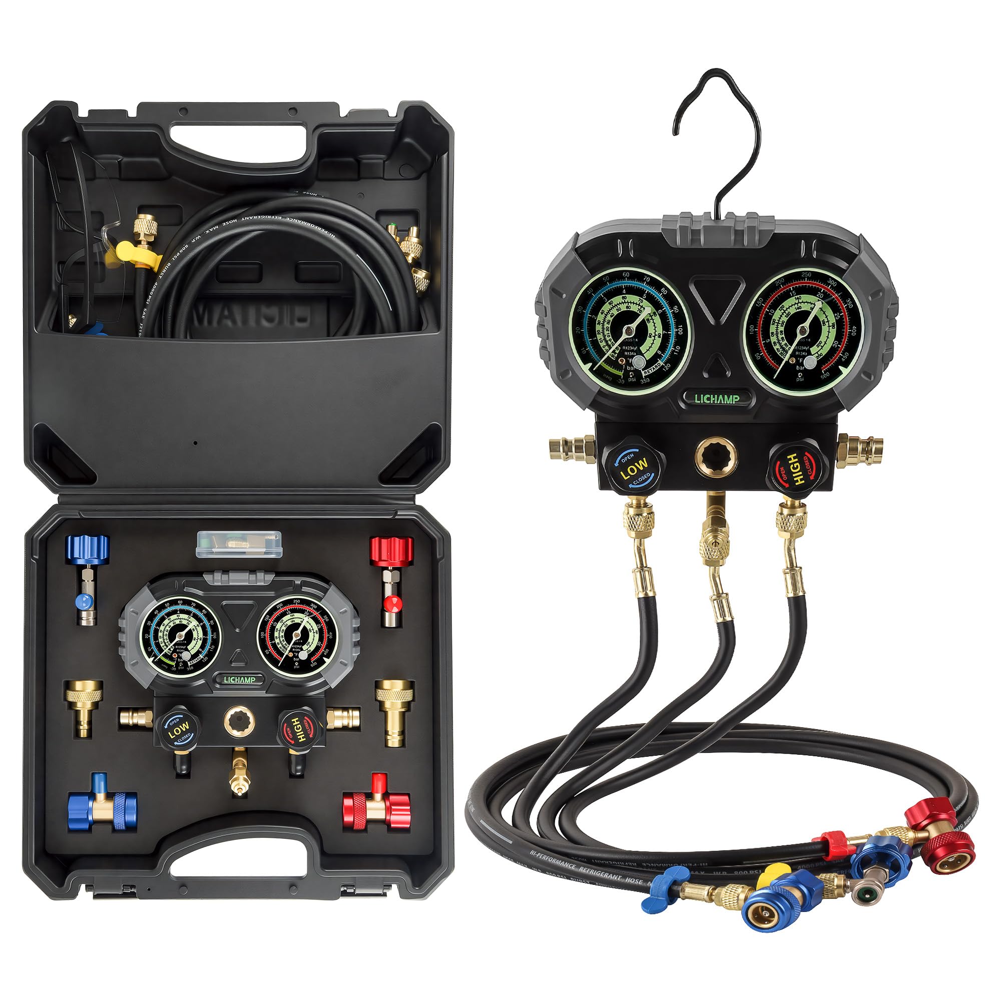 Lichamp AC R1234YF R134A Gauge Set, Automotive Manifold Gauge Compatible with R1234YF and R134A Refrigerants, Works on Car Freon