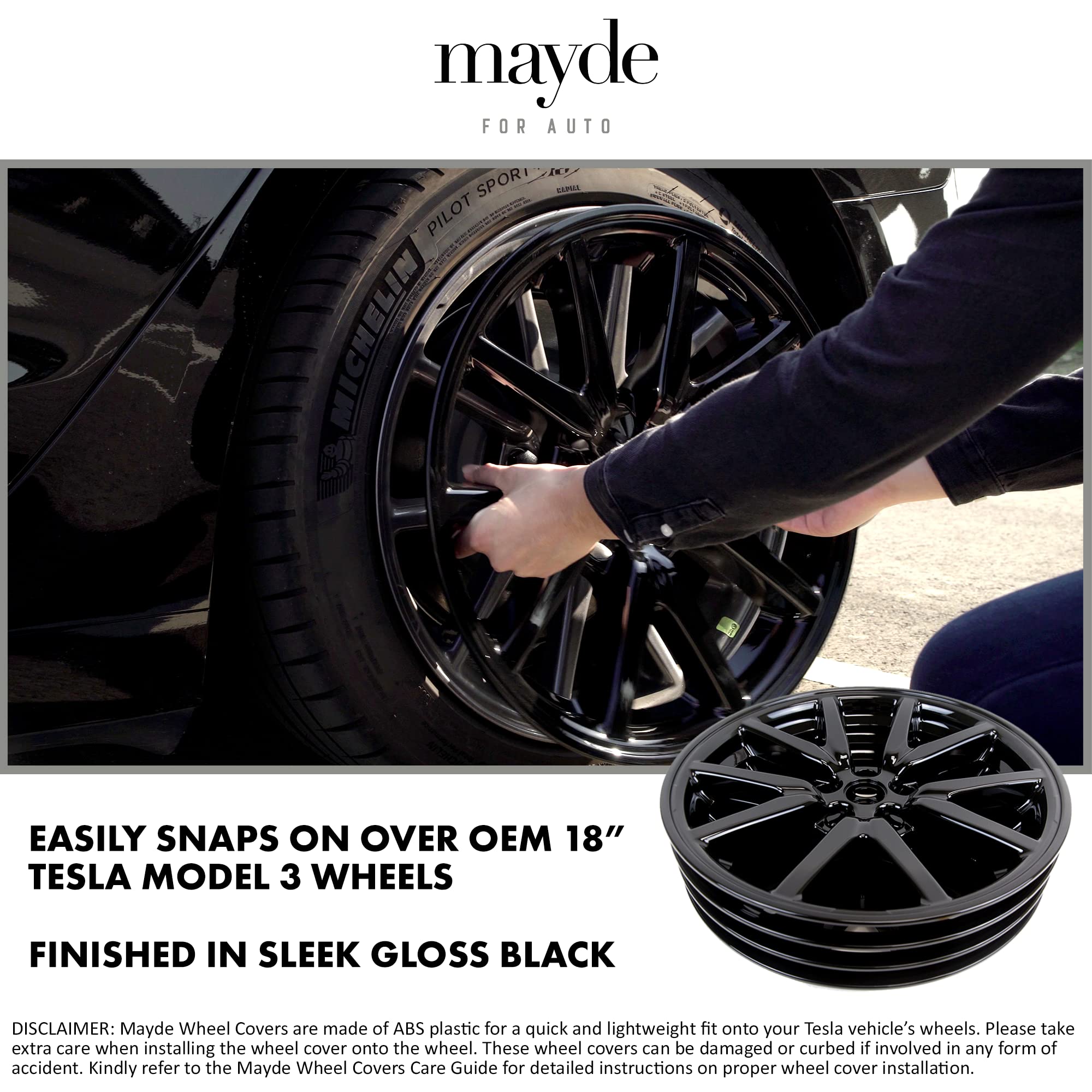 Mayde 18-Inch Hub Caps Fits 2017-2022 Tesla Model 3, Replacement Wheel Covers (Set Of 4,) (Gloss Black)