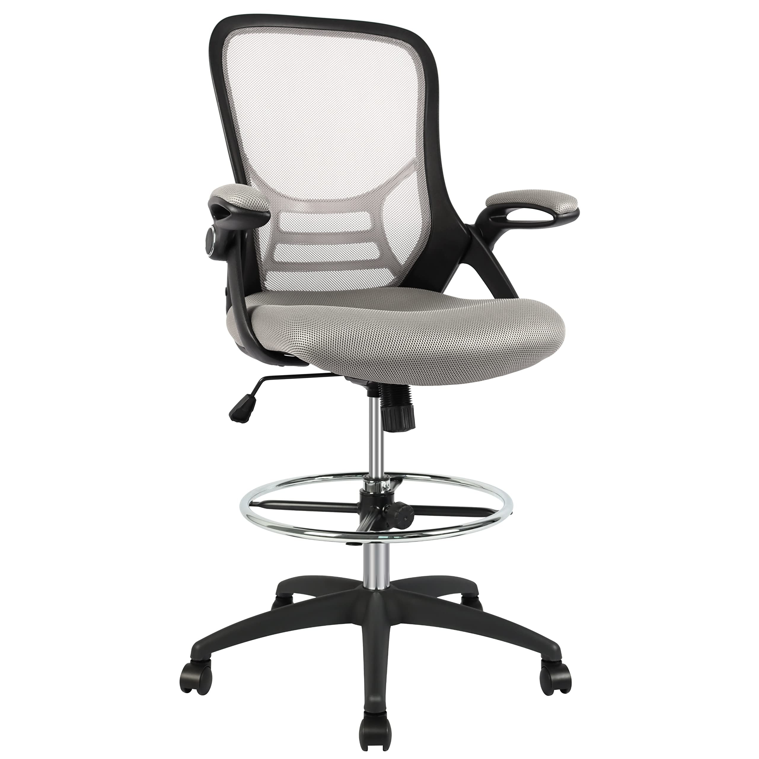 Hylone Drafting Chair, Tall Office Chair Standing Desk Chair Grey Mesh High-Back Drafting Stool With Flip-Up Arms, Adjustable Fo
