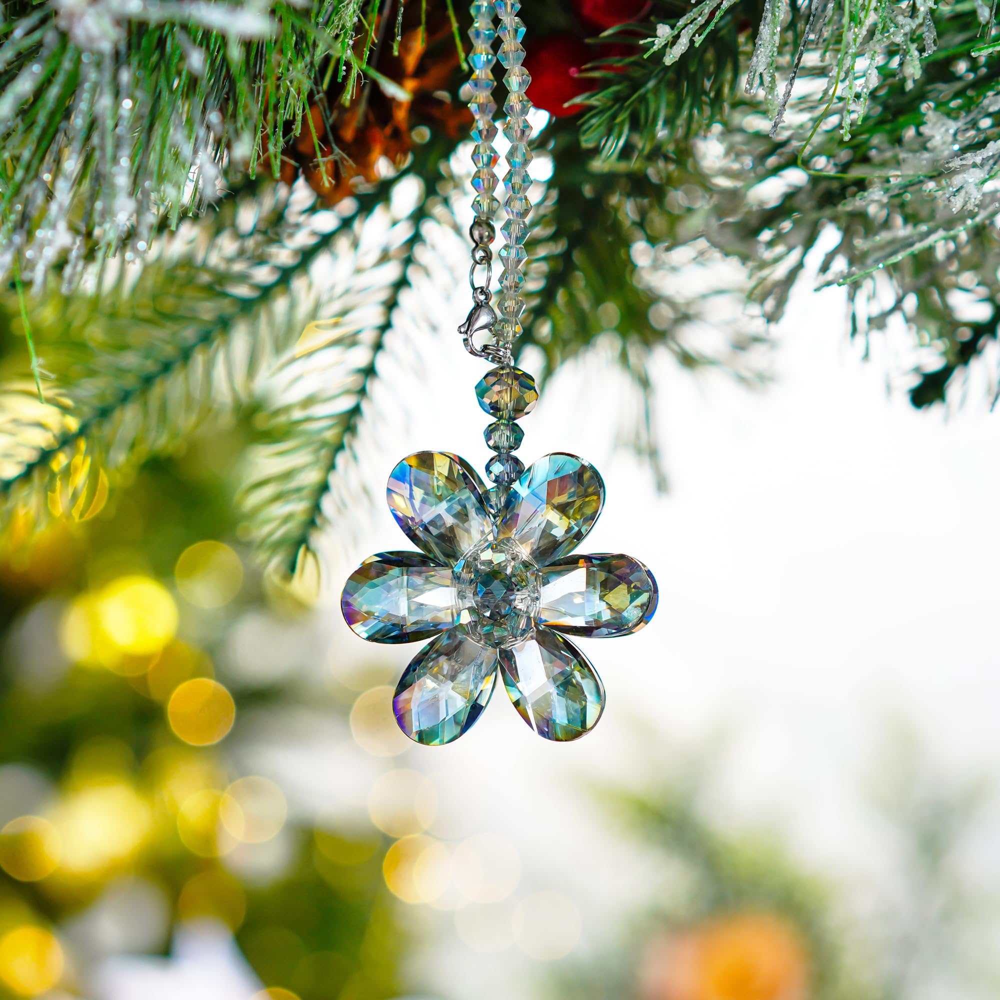 Crystal Flower Car Rear View Mirror Pendant Car Accessories Mirror Hanging Ornament Fengshui Crystal Auto Interior Decoration