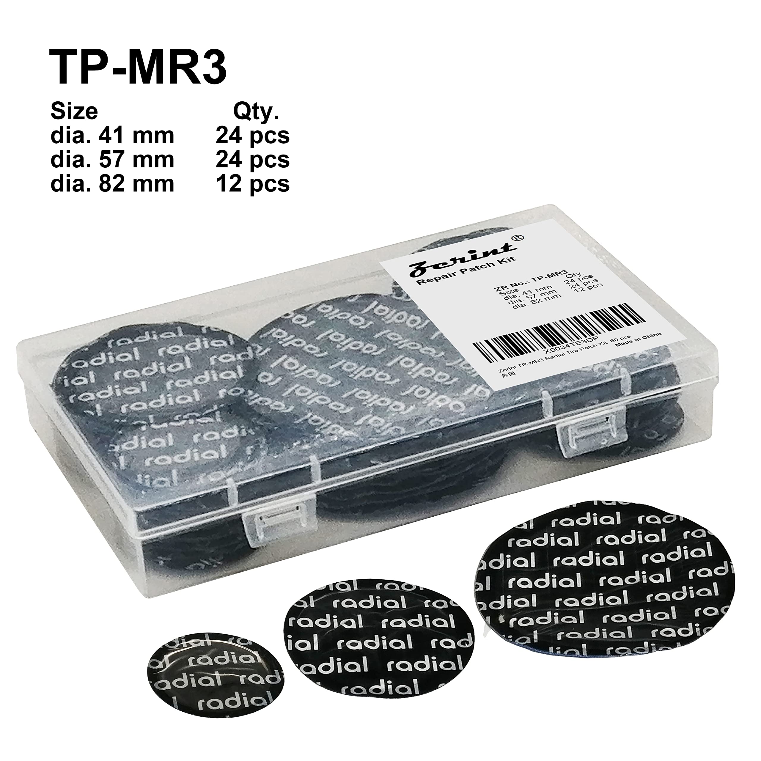 ZERINT TP-MR3 Radial Tire Patch Kit 60 pcs,Dia. 1 5/8'' (41 mm) 24 pcs, Dia. 2 1/4'' (57 mm) 24 pcs and Dia. 3 1/4'' (82 mm) 12